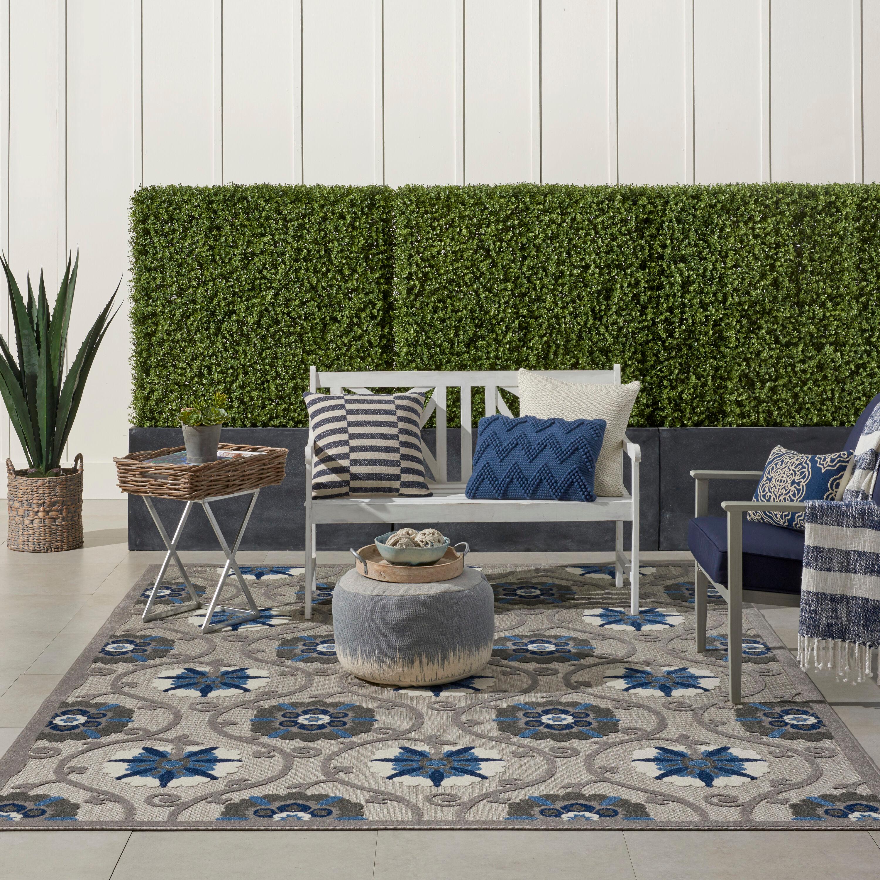 Nourison Aloha Contemporary Floral Flatweave High-Low Indoor Outdoor Area Rug Grey/Blue 7'10" x 10'6"