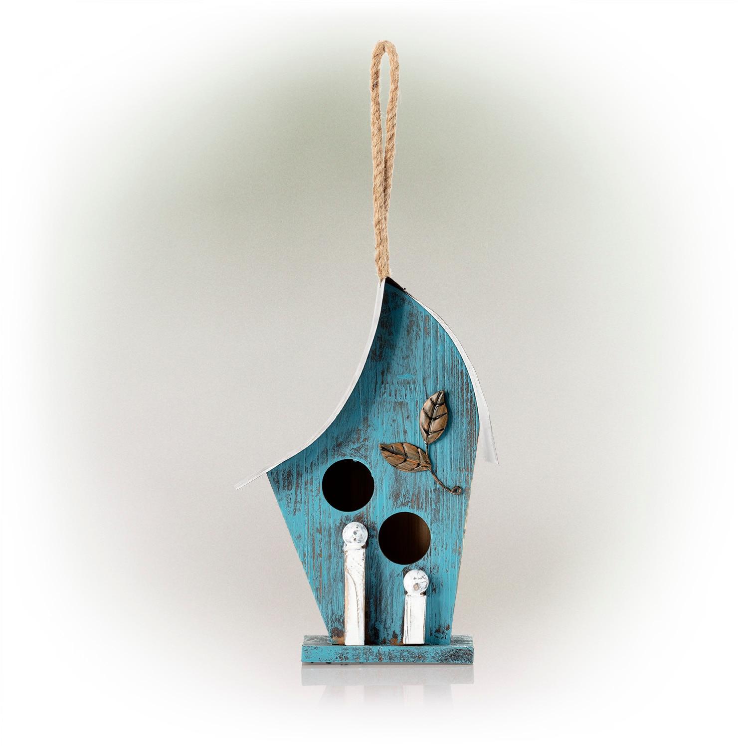 21" Tall Blue Distressed Wood and Metal Hanging Birdhouse