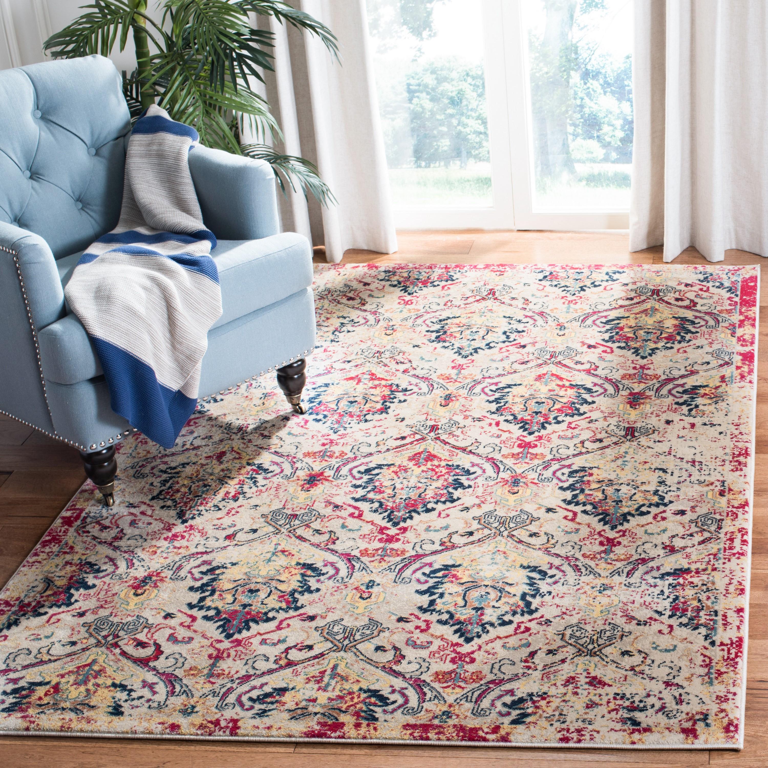 Ivory and Fuchsia Damask Patterned 4' x 6' Area Rug