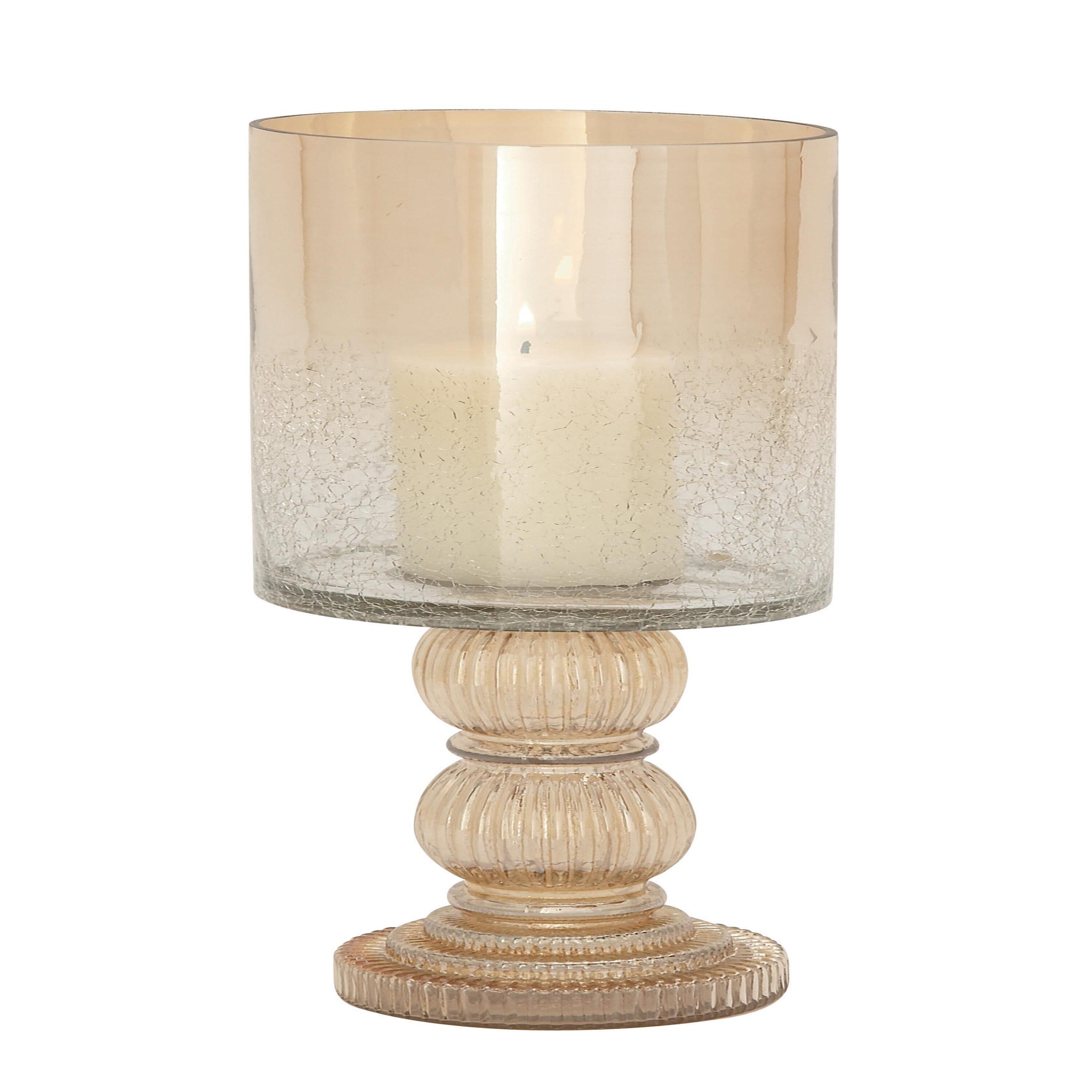 DecMode Gold Glass Handmade Turned Style Pillar Hurricane Lamp with Faux Mercury Glass Finish