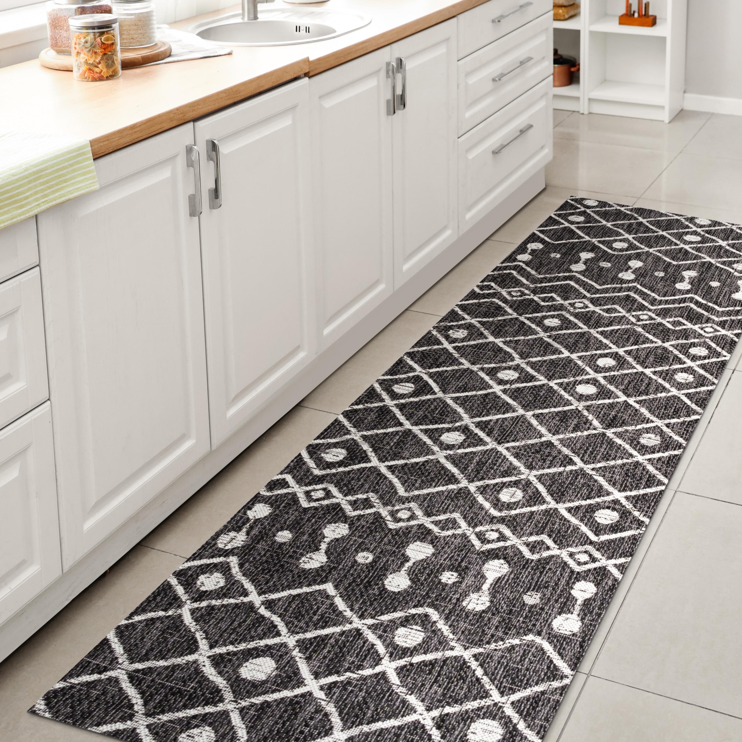 2'x10' Nokat Modern Bohemian Styled Indoor/Outdoor Runner Rug, Black/Ivory - JONATHAN Y