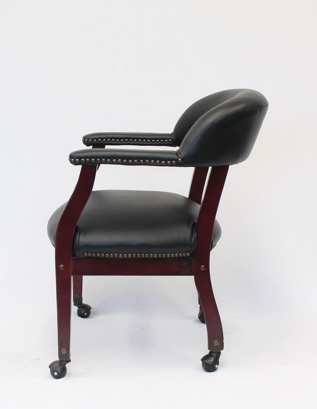 Captain's Chair with Casters Black - Boss Office Products: Mahogany Base, Vinyl Upholstery, Brass Castors