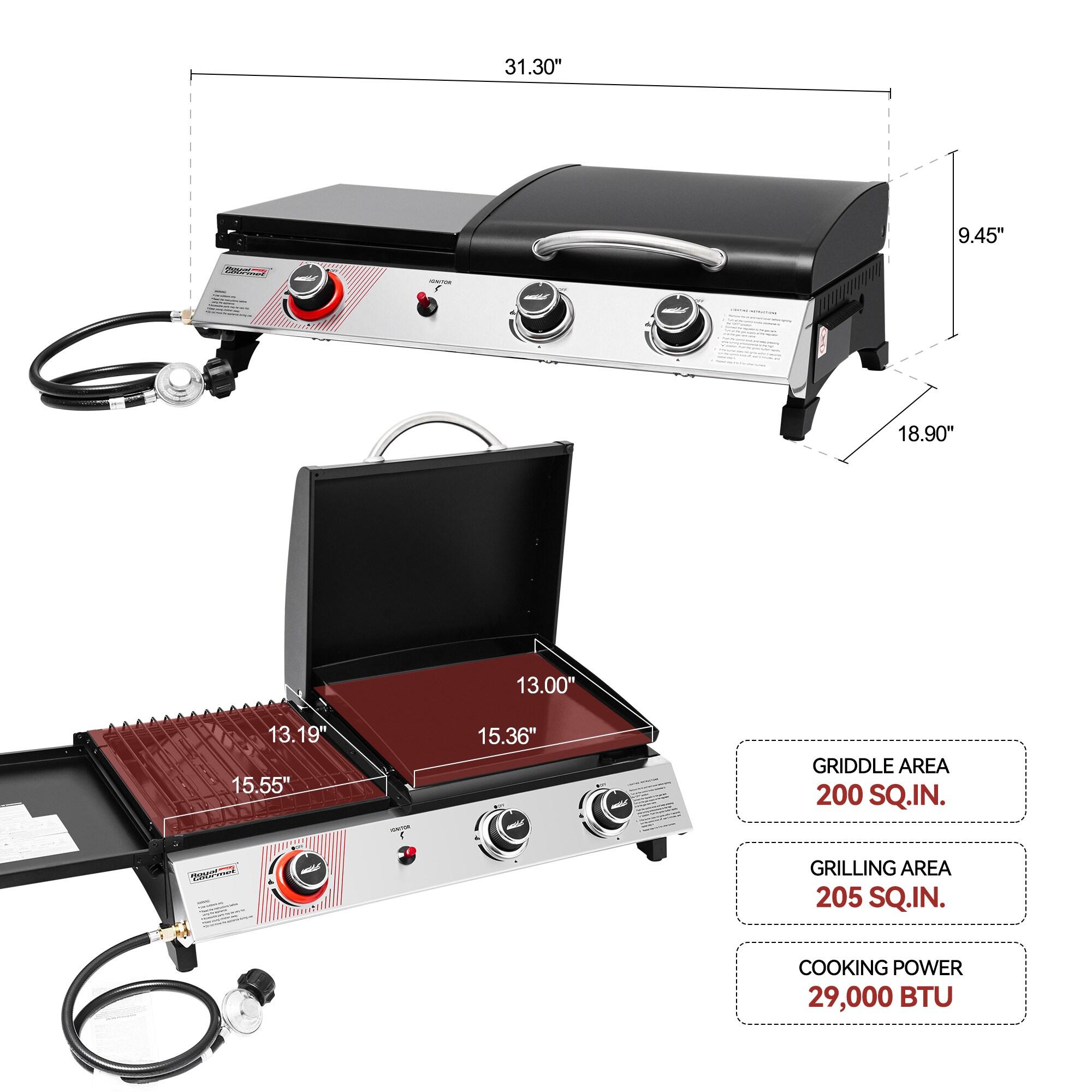 Royal Gourmet 3-Burner Portable Gas Griddle With Side Burner, 3-in-1 Grill and Griddle Combo Station With Lid for Outdoor Cooking, Silver