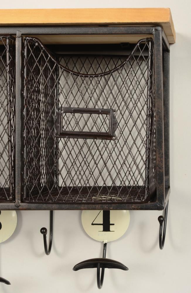 Wall Organizer with 4 Metal Baskets and Wood Top Hooks for Entryway Storage