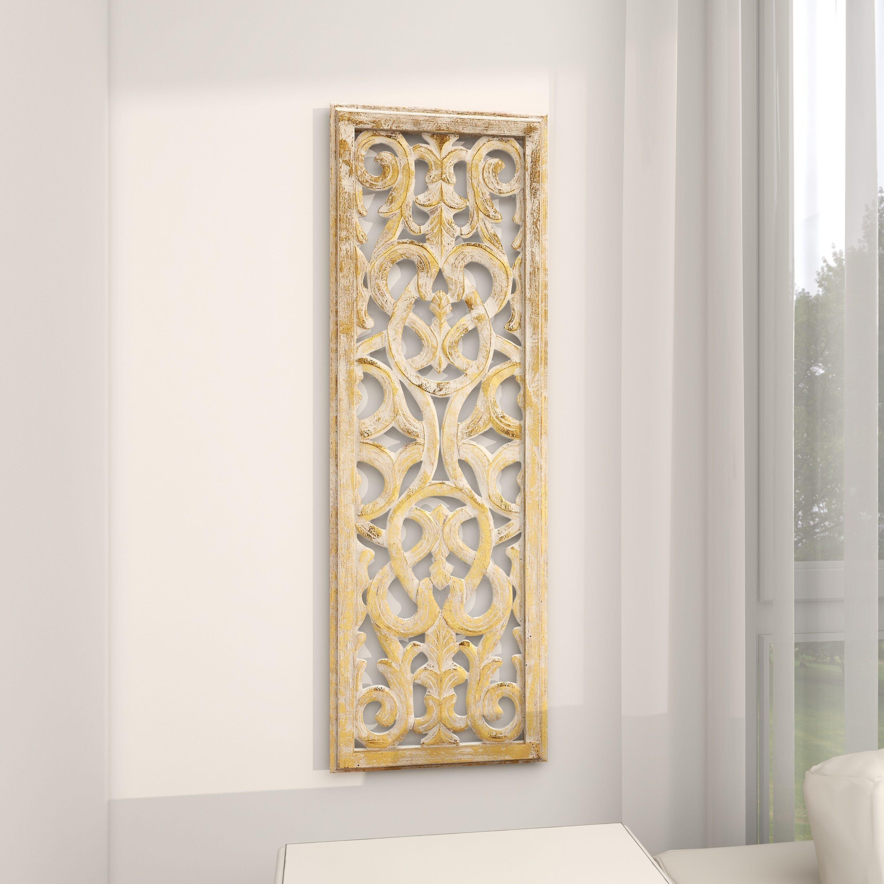 Wooden Handmade Intricately Carved Arabesque Scroll Gold Wall Decor with Cream Backing