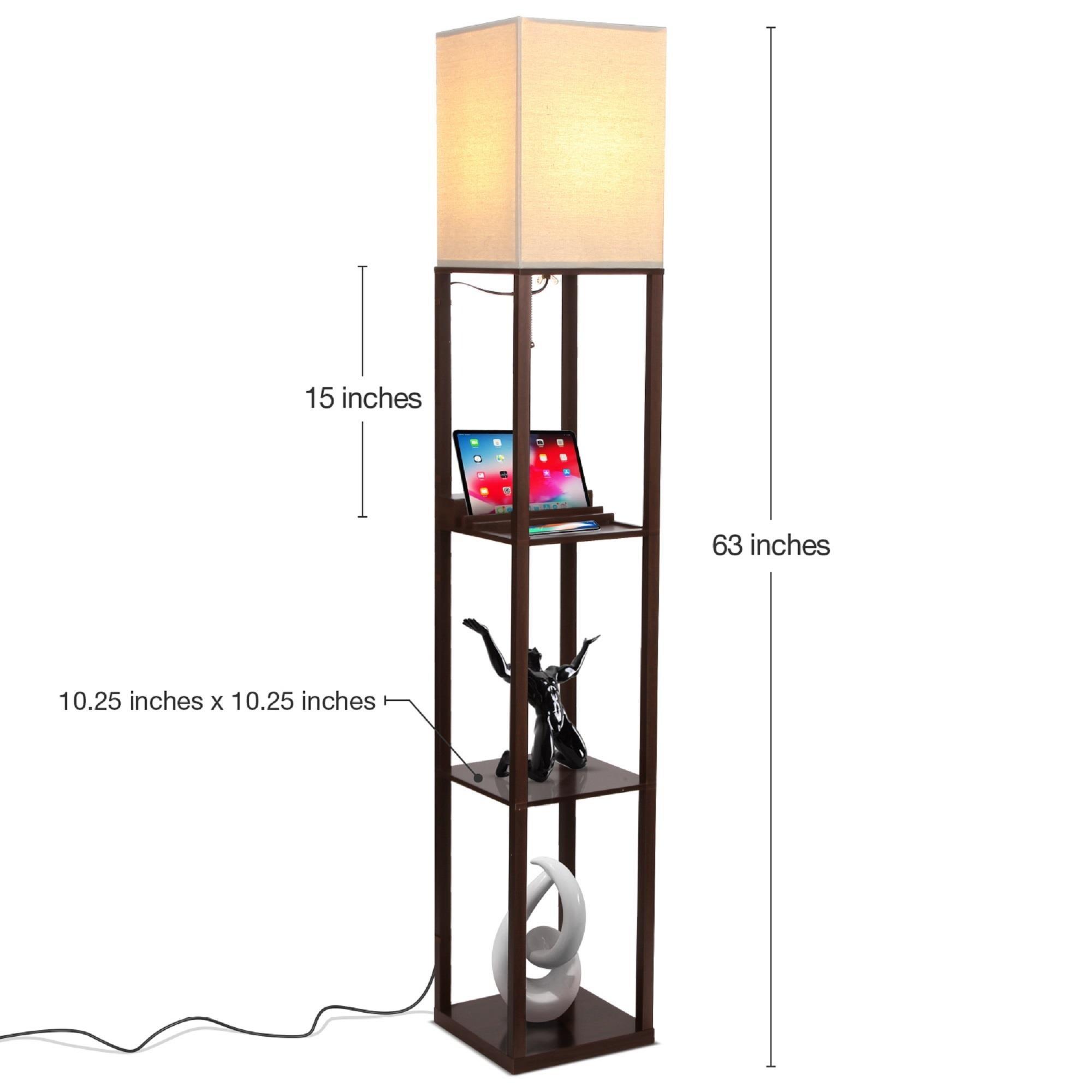 Maxwell 63 in. USB Charging LED 3-Shelf Floor Lamp with Beige Fabric Square Shade