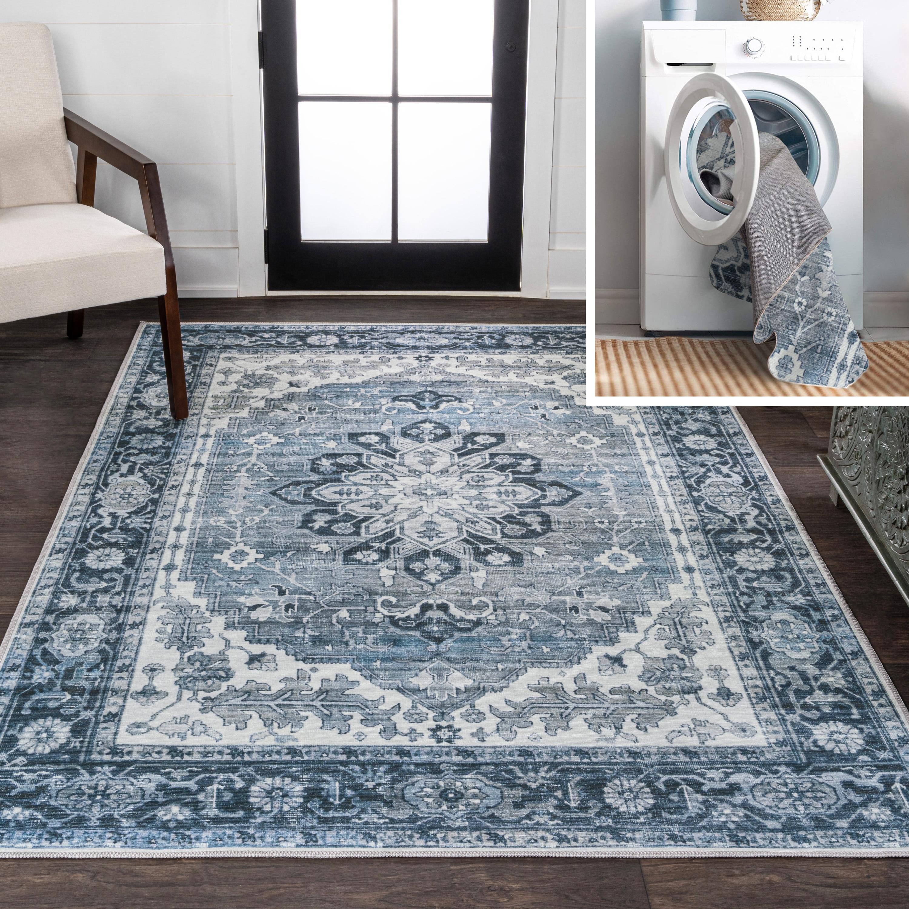 Asa Ornate Medallion Machine-Washable Blue/Cream 4 ft. x 6 ft. Area Rug - JONATHAN Y