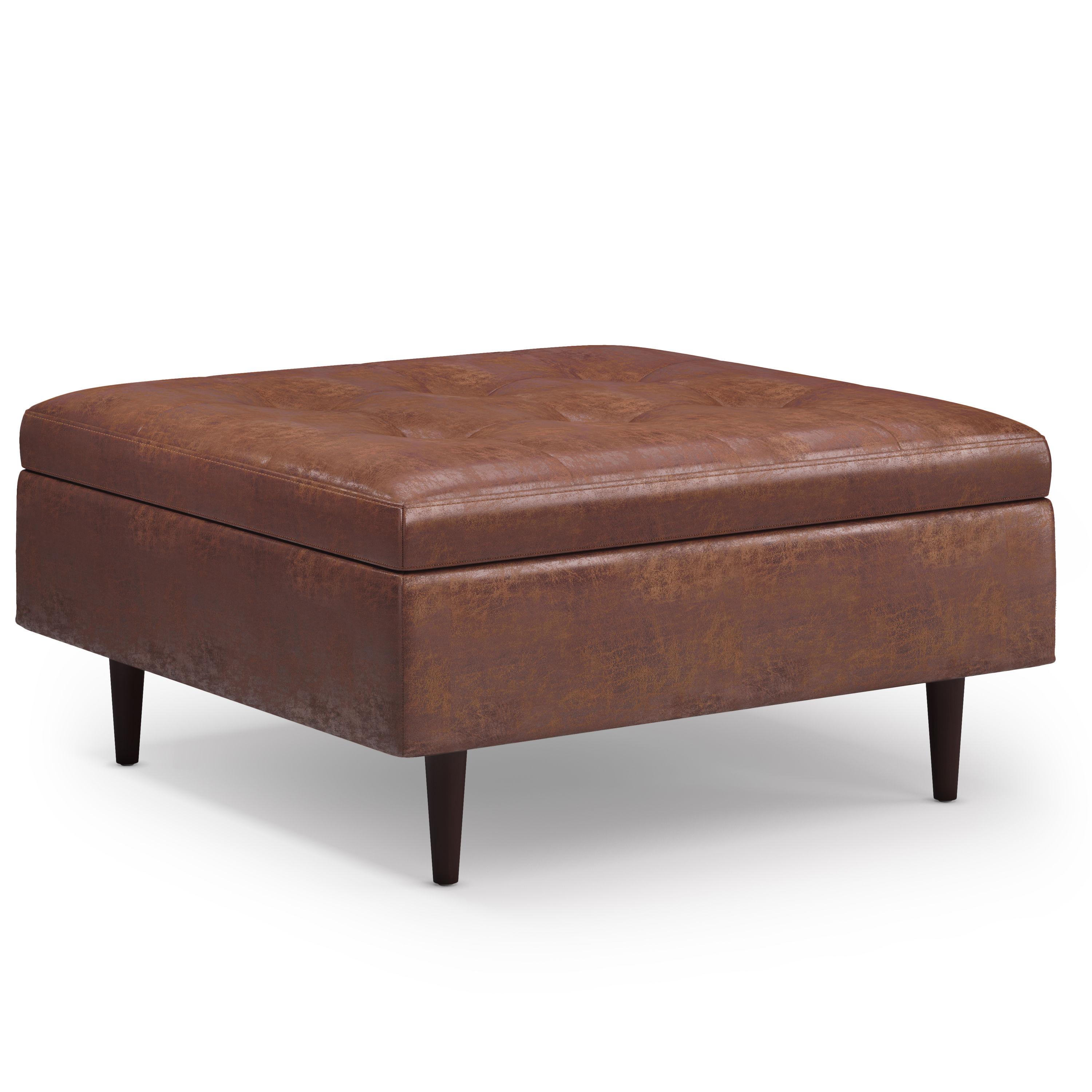 Simpli Home Shay 38 inch Wide Mid Century Modern Square Mid Century Large Square Coffee Table Storage Ottoman in Distressed Saddle Brown Vegan Faux Leather