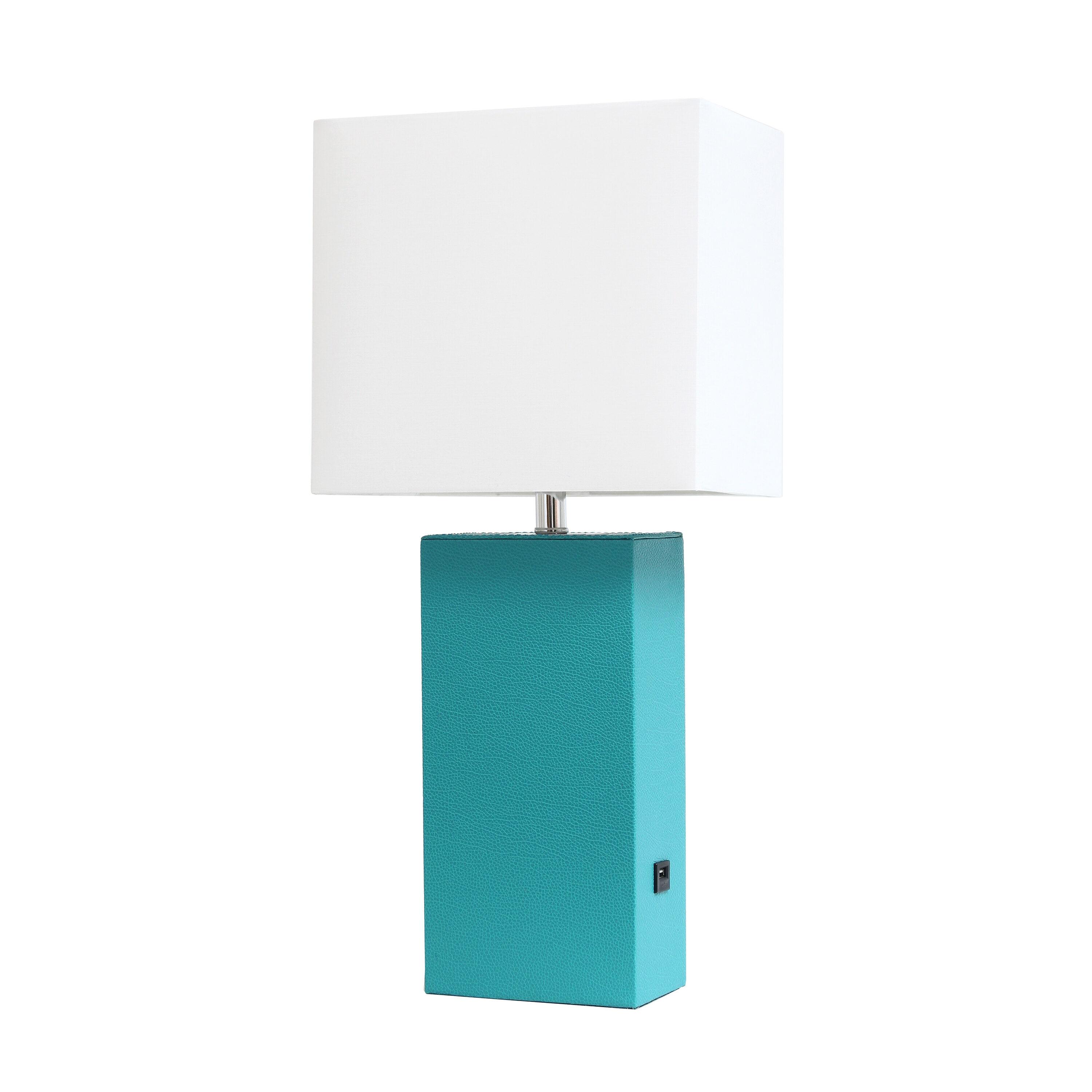 21" Lexington Leather Base Modern Home Decor Bedside Table Lamp with USB Charging Port and Fabric Shade Teal Green/White - Lalia Home: No Assembly