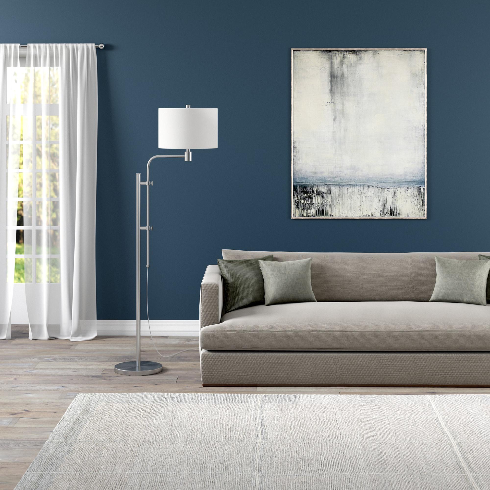 Evelyn&Zoe Polly Height-Adjustable Floor Lamp with Fabric Shade, Brushed Nickel/White