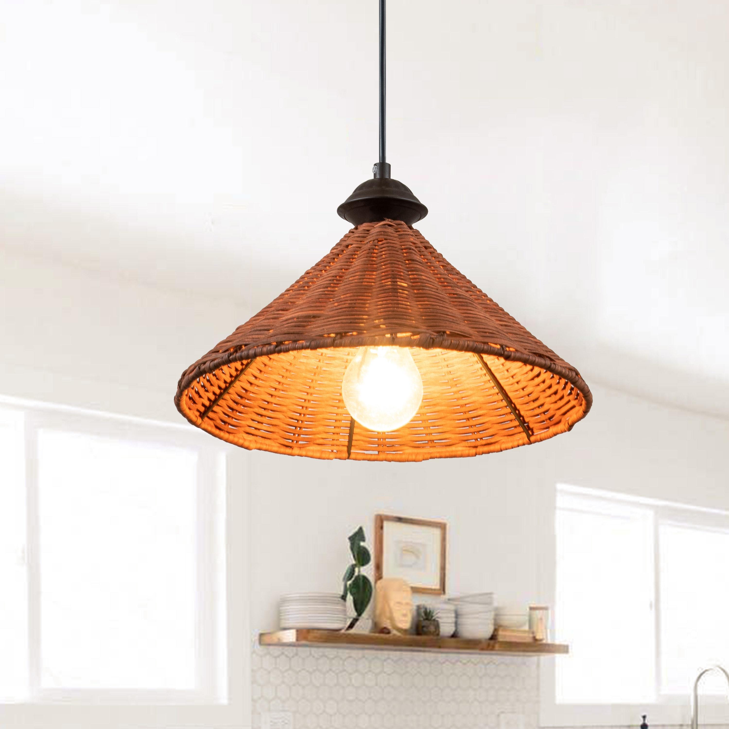 C Cattleya 1-Light Black Finish Naturan Rattan Dome Hanging Pendant Light