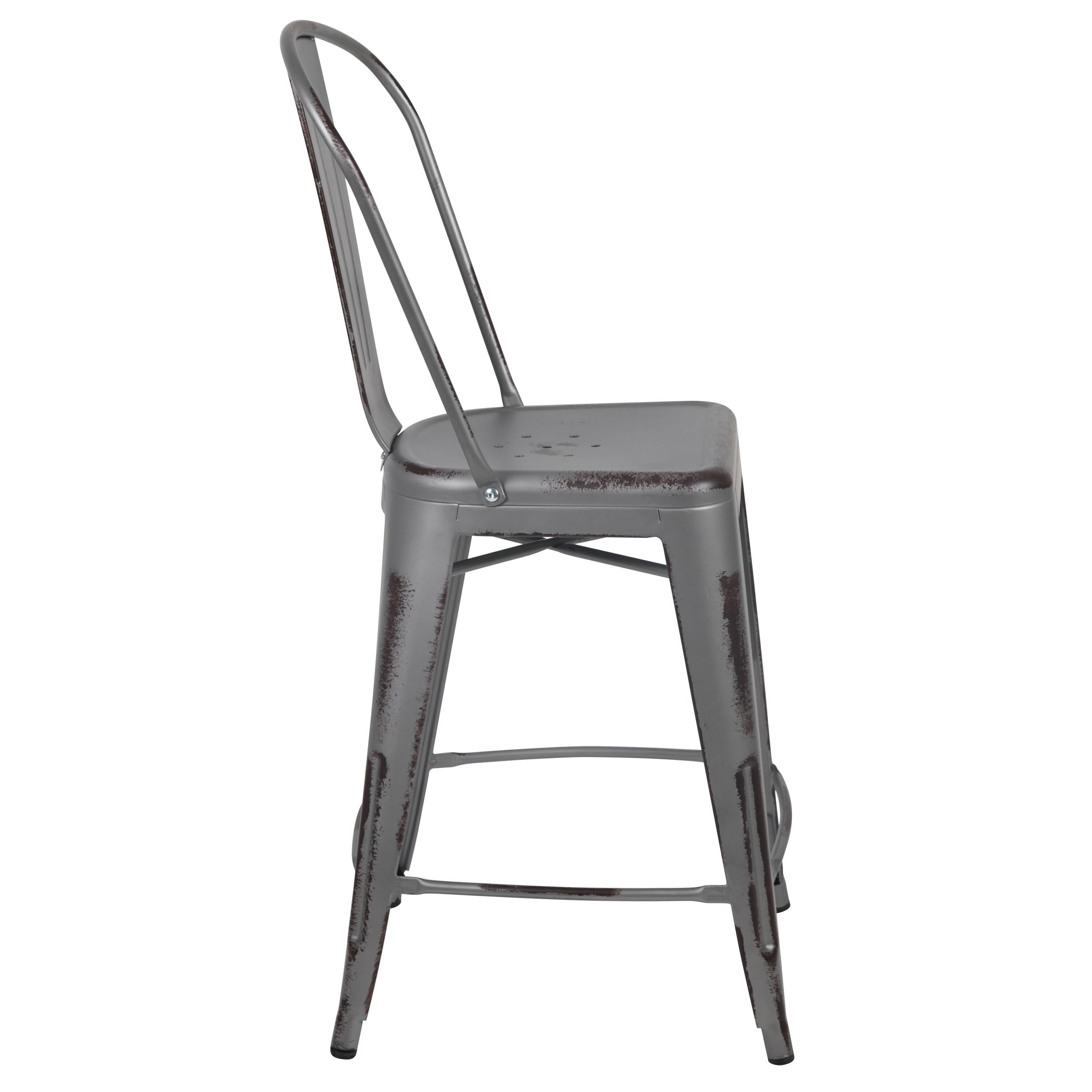 Flash Furniture Commercial Grade 24" High Distressed Silver Gray Metal Indoor-Outdoor Counter Height Stool with Back