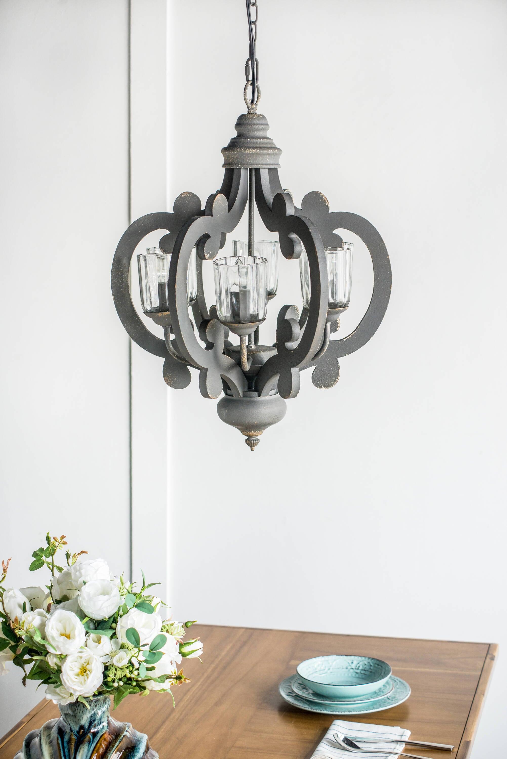 21"x24" 6-Light Wood Chandelier Ceiling Light Gray - A&B Home: No Assembly, UL Listed, Adjustable Height