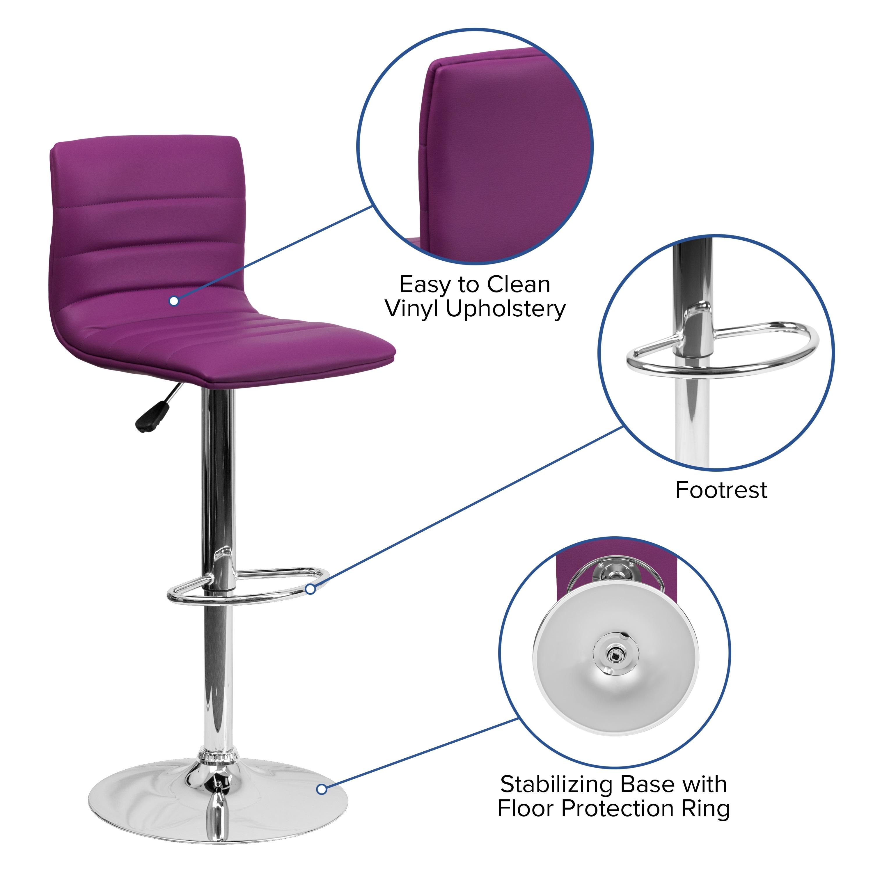 Flash Furniture Modern Purple Vinyl Adjustable Bar Stool with Back, Counter Height Swivel Stool with Chrome Pedestal Base