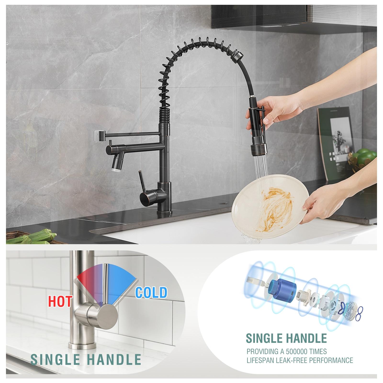Fapully Commercial Single Handle Pull Down Sprayer Oil Rubbed Bronze Kitchen Faucet, Kitchen Sink Faucet with LED Light
