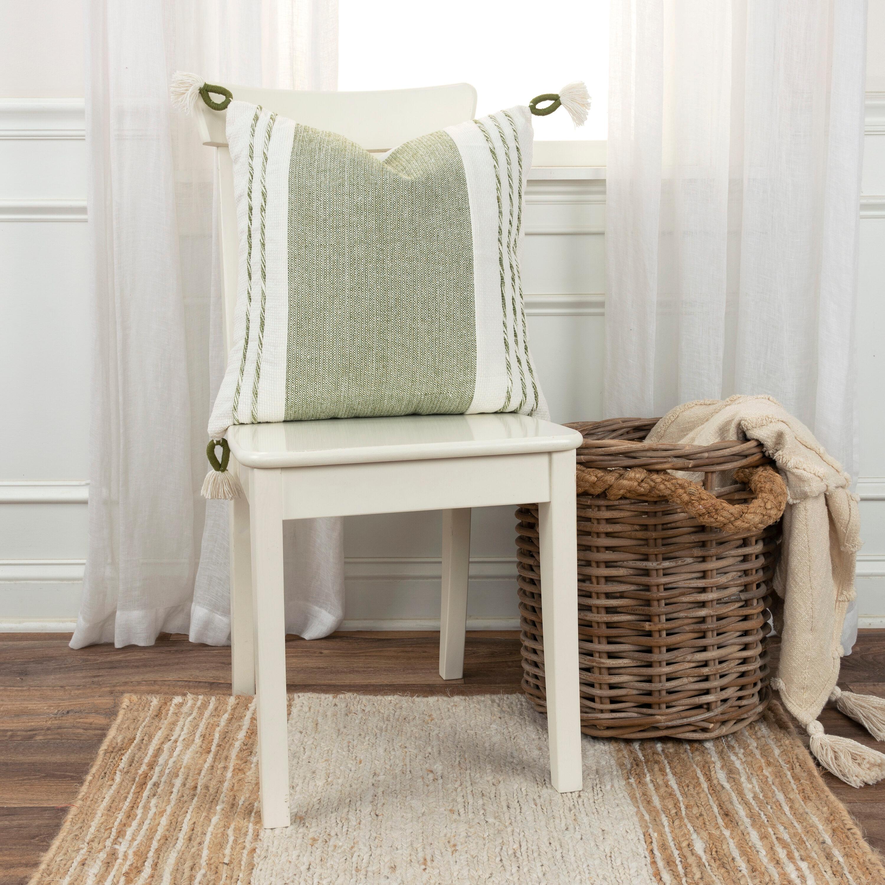 Moss Green and White Cotton Square Decorative Pillow with Tassels