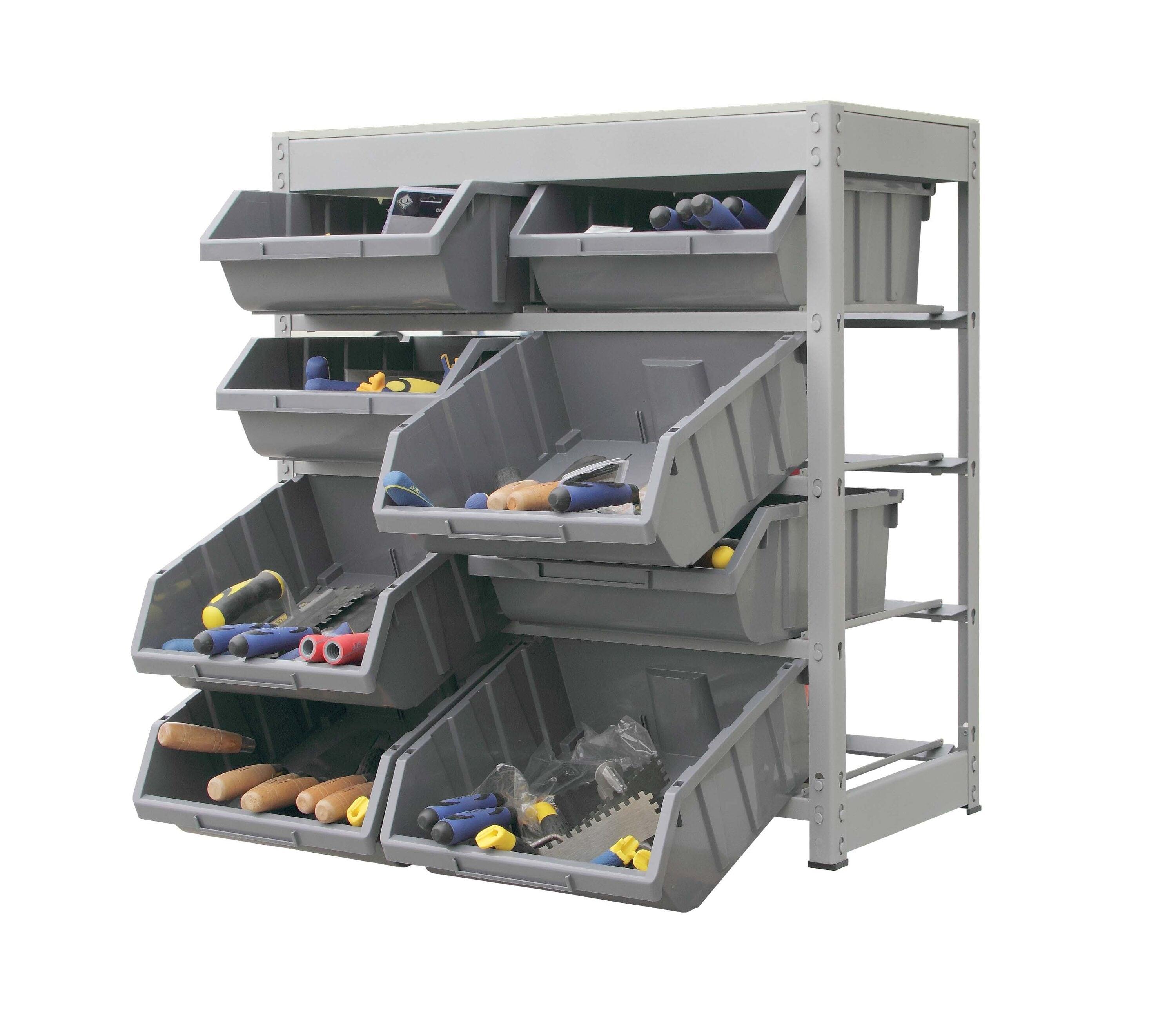 Bin Rack, Shelving Unit with Durable Construction for Easy Organization of Parts and Tools, Boltless Steel Storage System Organizer with 8 Plastic Bins in 4 tiers, Use in Store, Garage,Grey