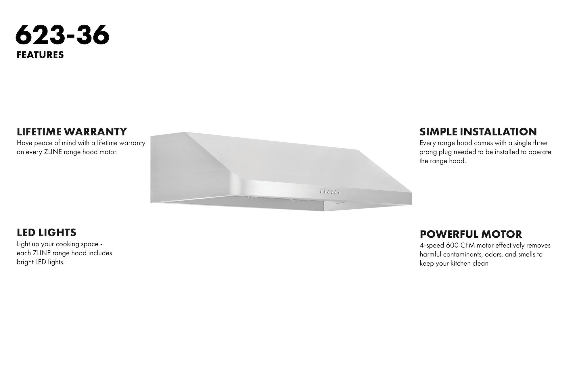 36" 600 CFM Convertible Under Cabinet Range Hood in Brushed Stainless Steel