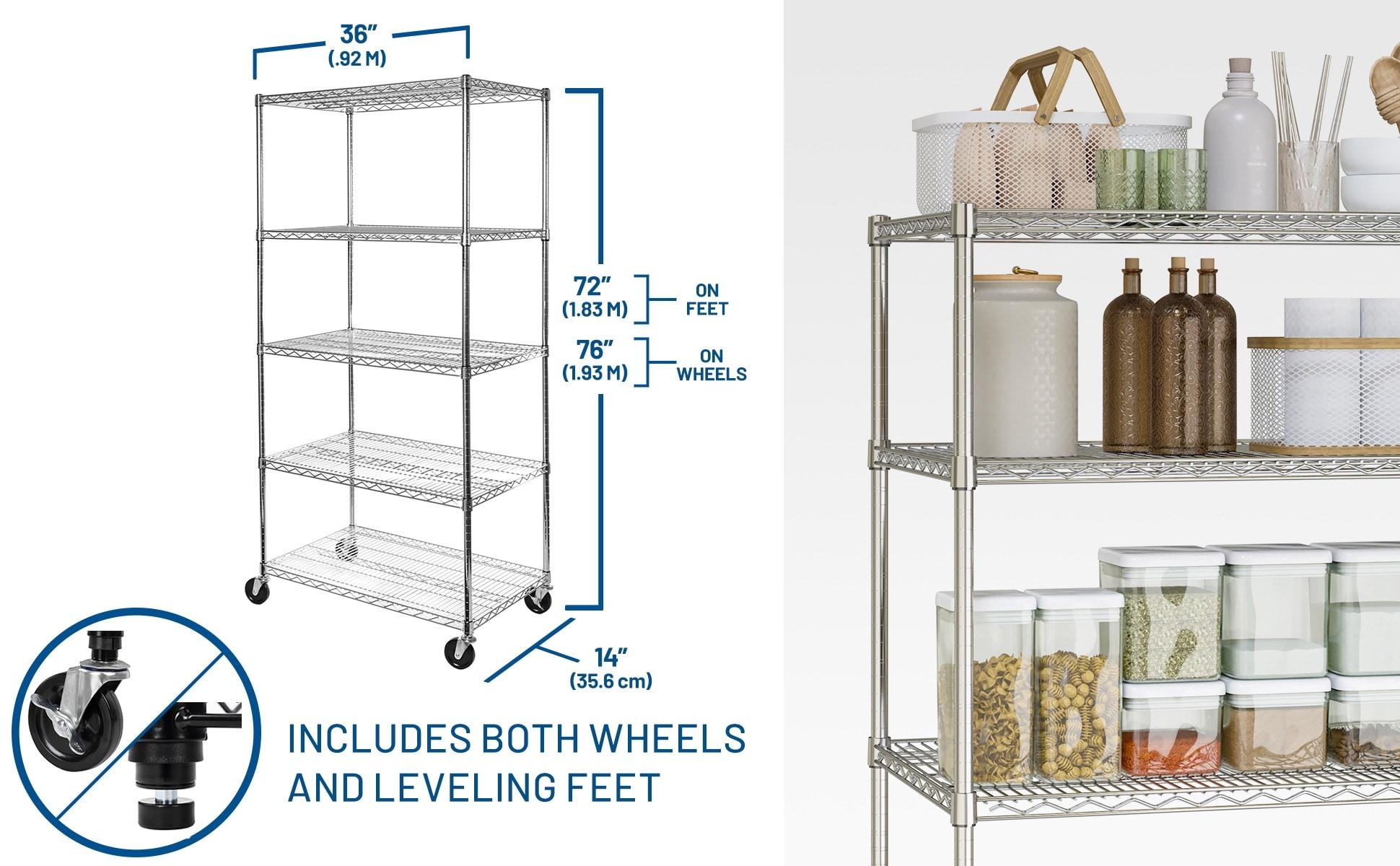 36'' W 5-Tier NSF-Certified Steel Shelving with Wheels