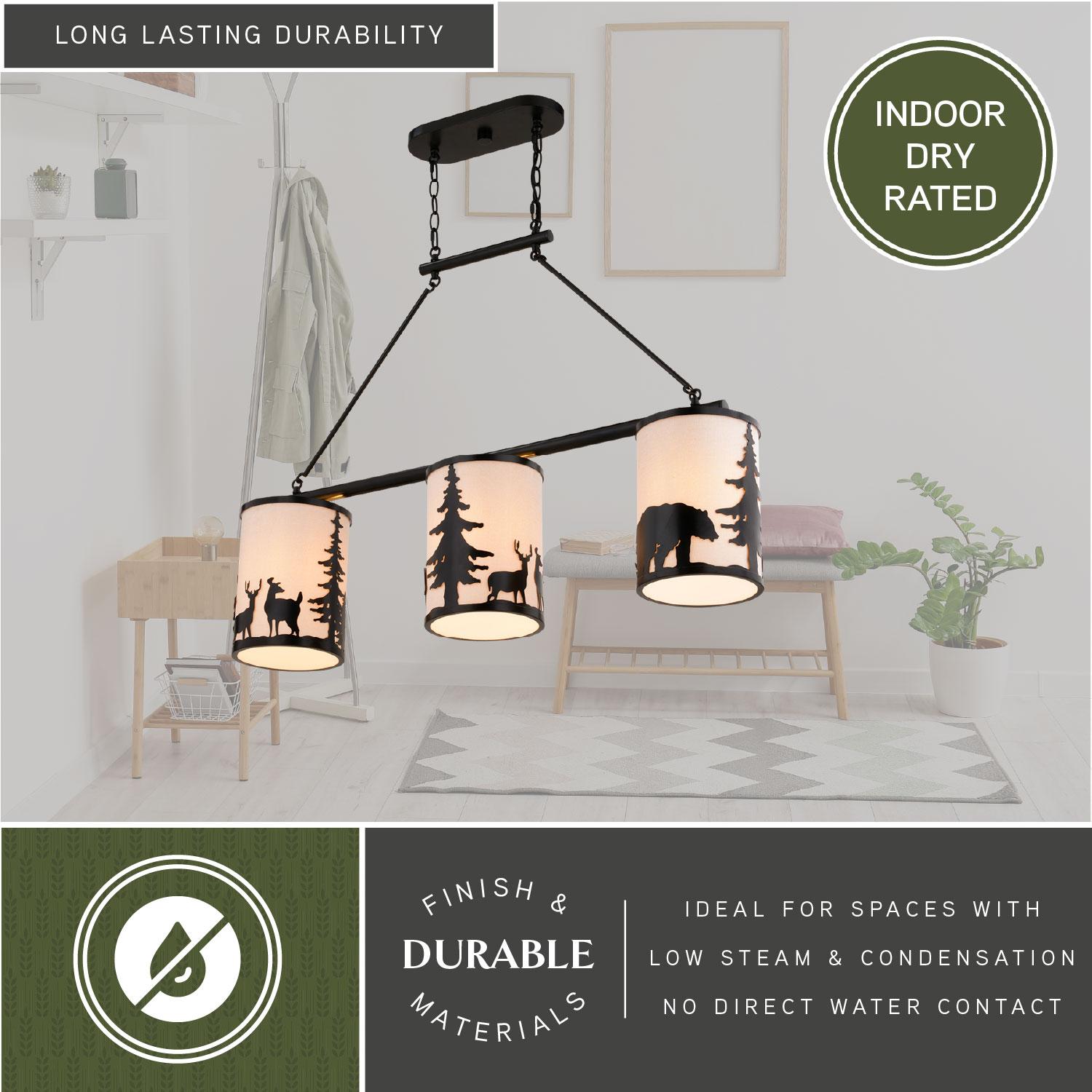 VAXCEL Acadia 3L Bronze Rustic Linear Chandelier Island Pendant Light Fixture Bear and Tree