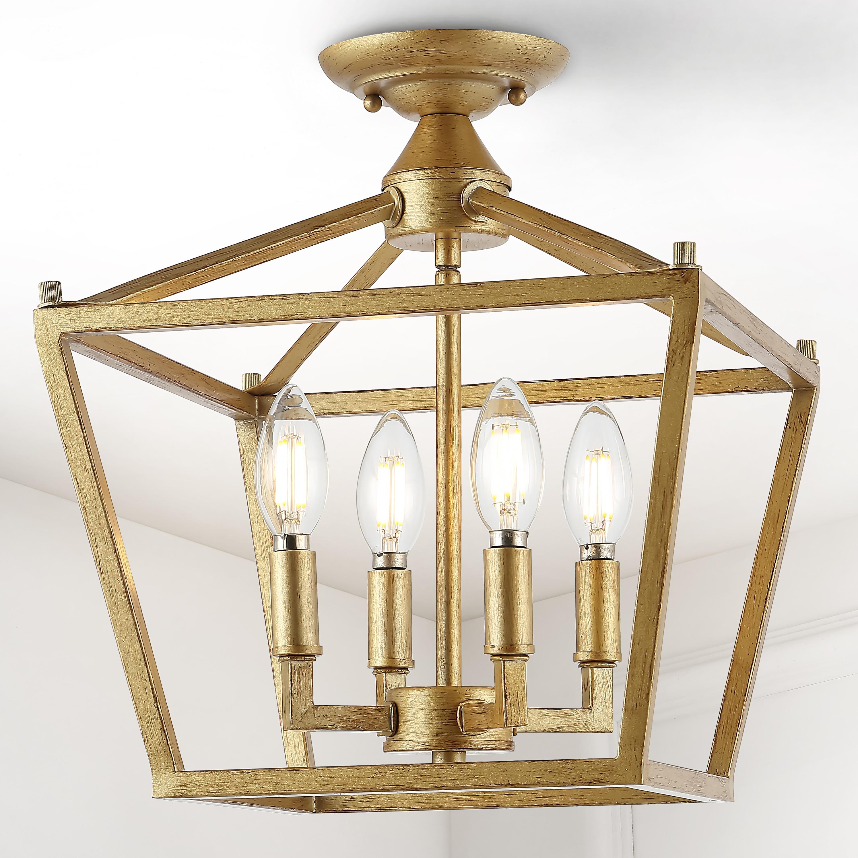 Plains Mini Lantern 12 in. 4-Light Brass Gold Iron Modern Farmhouse LED Flush Mount,