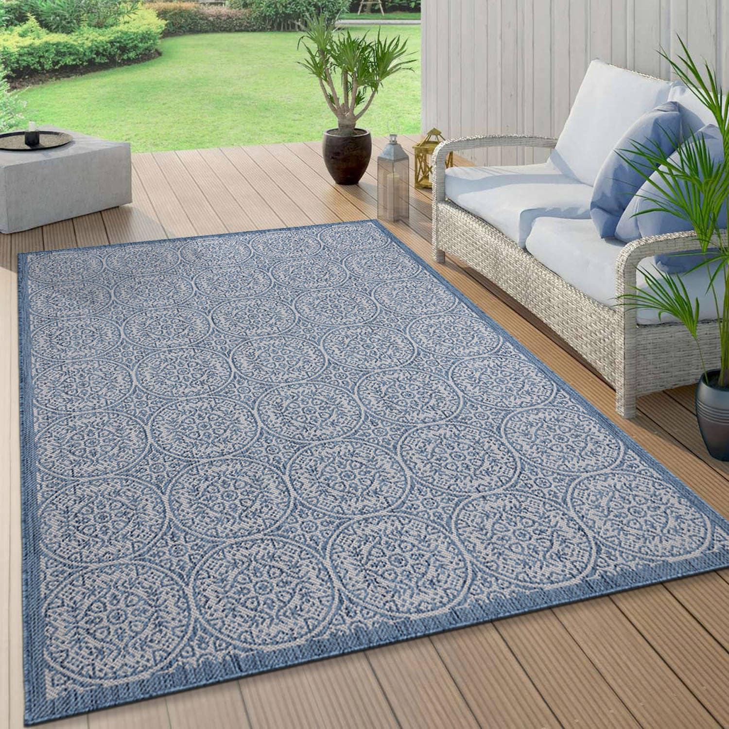 World Rug Gallery Transitional Floral Circles Textured Flat Weave Indoor/Outdoor Area Rug - BLUE 5' X 7'