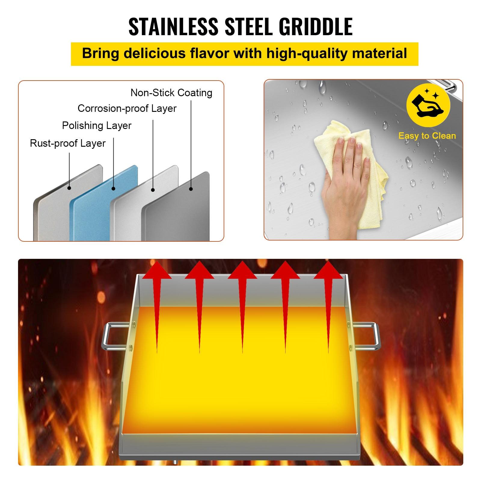 VEVORbrand Stainless Steel Griddle,18" X 16" Universal Flat Top Rectangular Plate, BBQ Charcoal/Gas Grill with 2 Handles and Grease Groove with for Camping, Tailgating and Parties