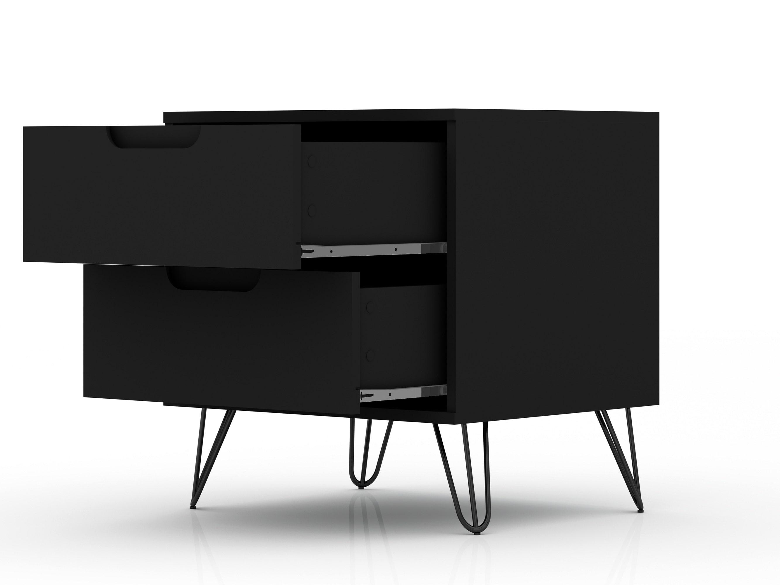 Set of 2 Rockefeller 2 Drawer Nightstands Black - Manhattan Comfort: Modern Bedside Storage Furniture