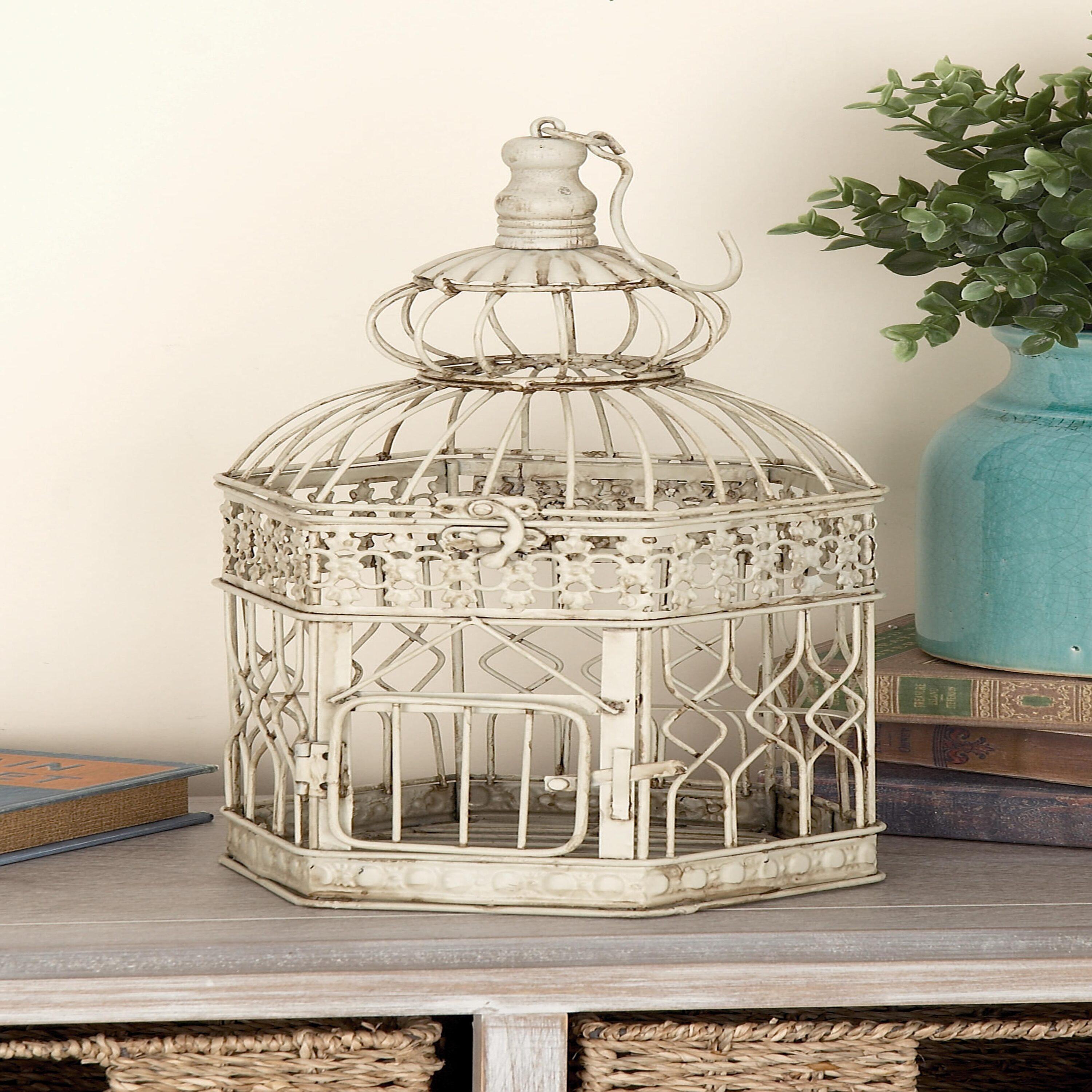 DecMode Cream Vintage Metal Birdcage with Crisscross Vertical Bars and Floral Embossed Design, Set of 2 21", 18"H