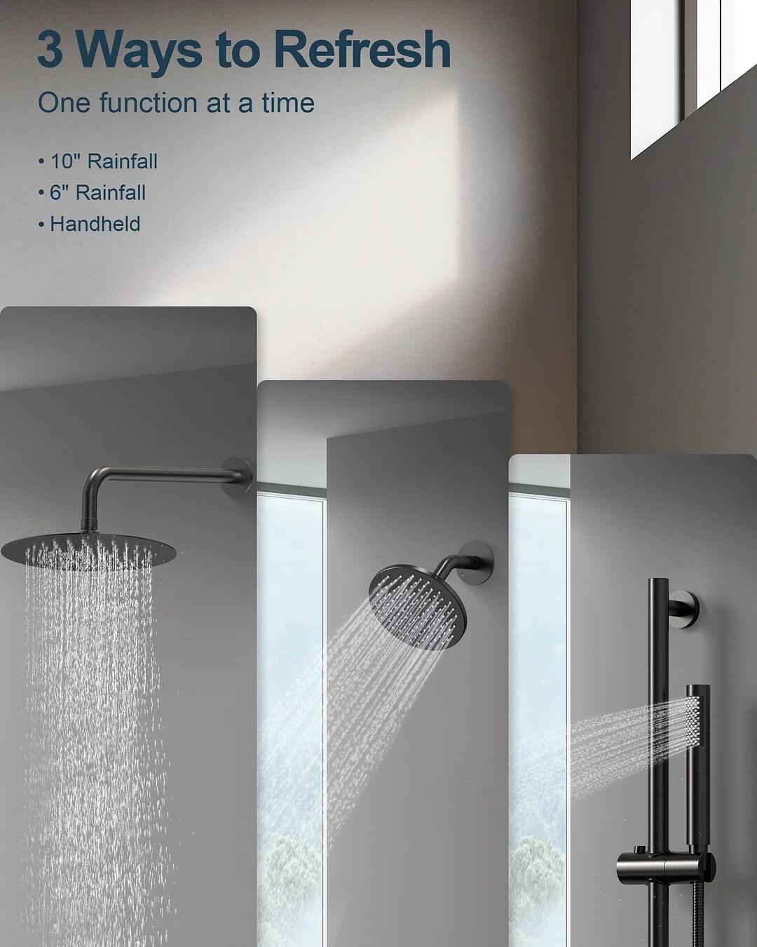 GRANDJOY Complete Shower System, 10" and 6" Dual Wall Mount Rain Shower Faucets with Handheld Shower Spray, High Pressure in Matte Black