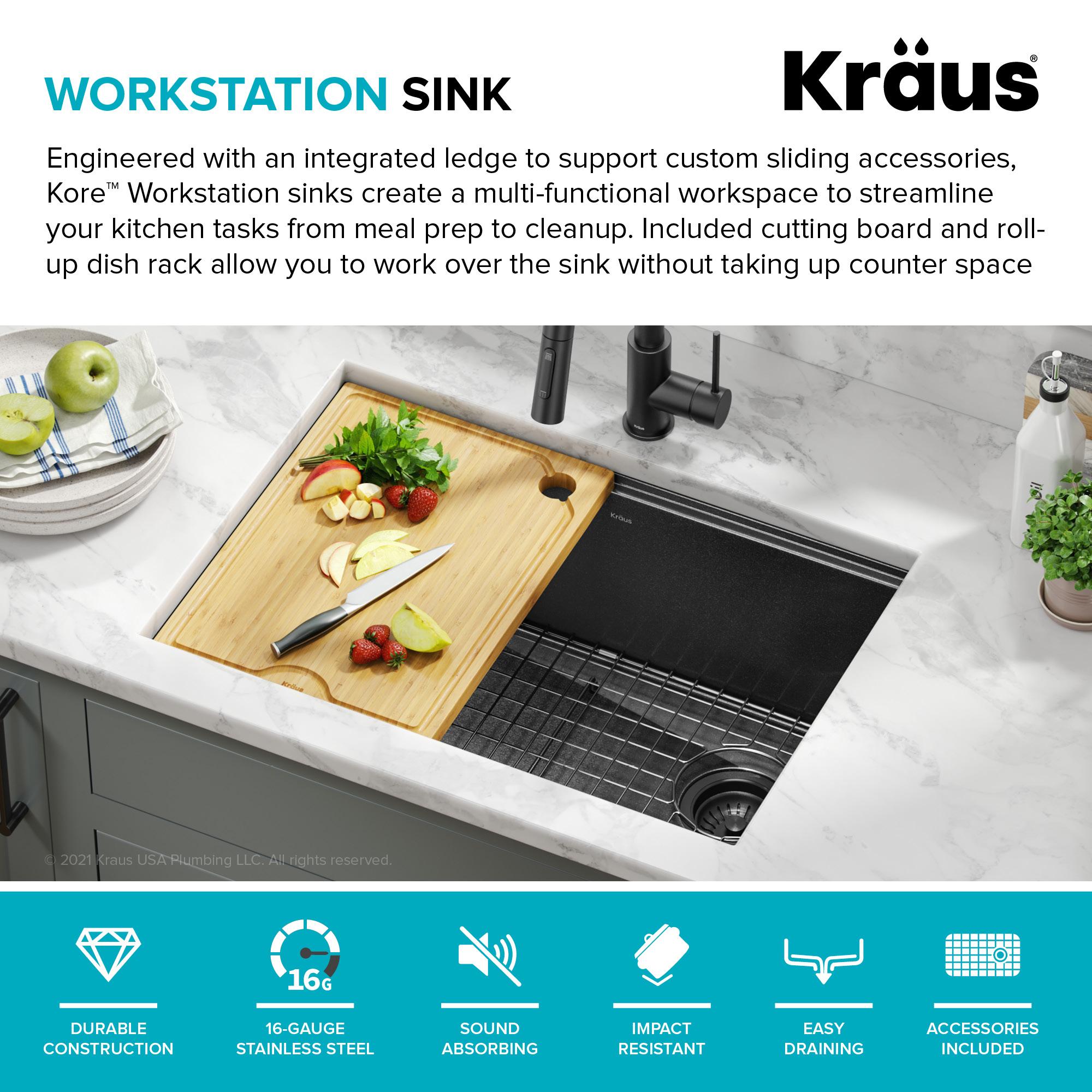 KRAUS Kore™ 27" L Undermount Workstation 16 Gauge Black Stainless Steel Single Bowl Kitchen Sink in PVD Gunmetal Finish