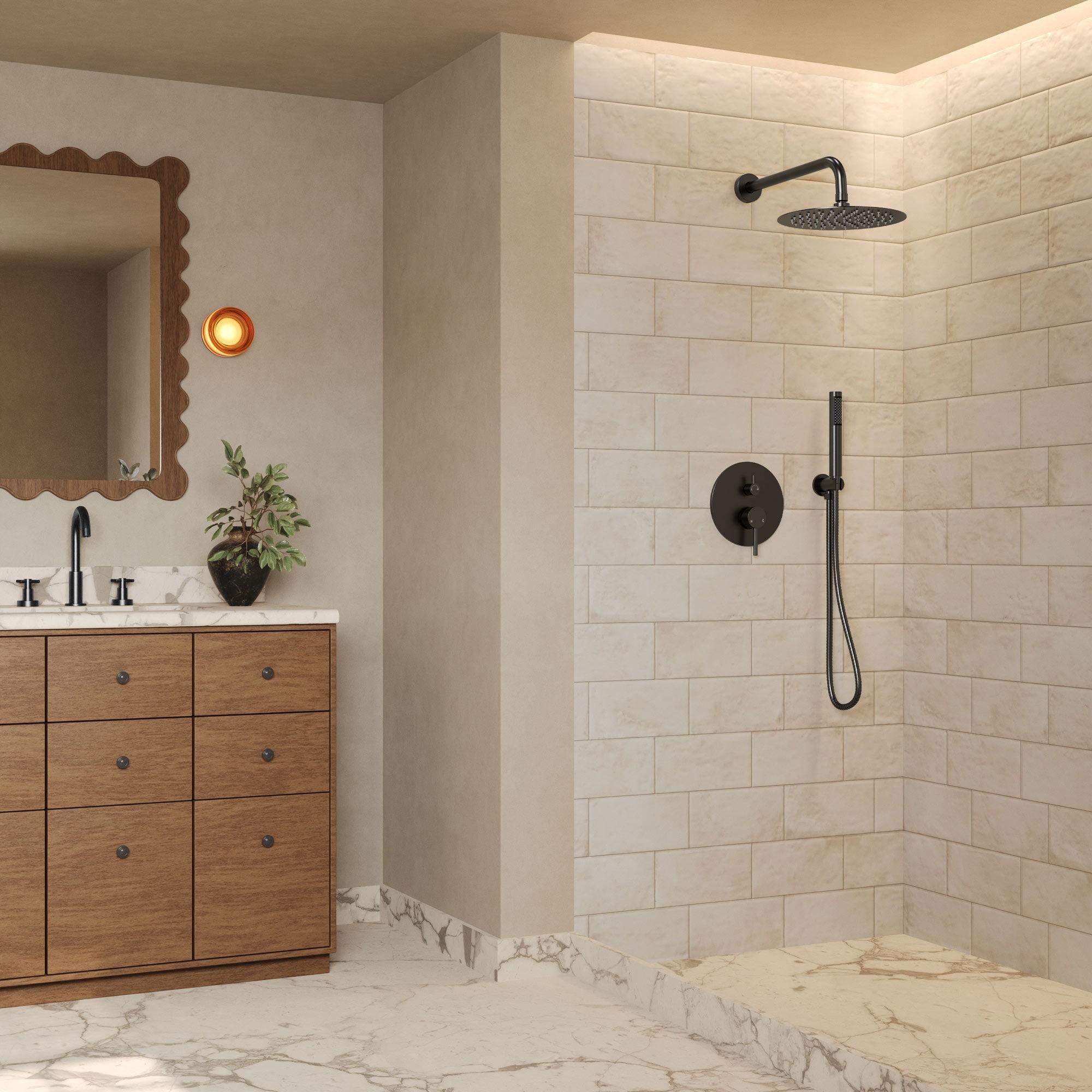 GRANDJOY Complete Shower System, 10" and 6" Dual Wall Mount Rain Shower Faucets with Handheld Shower Spray, High Pressure in Matte Black