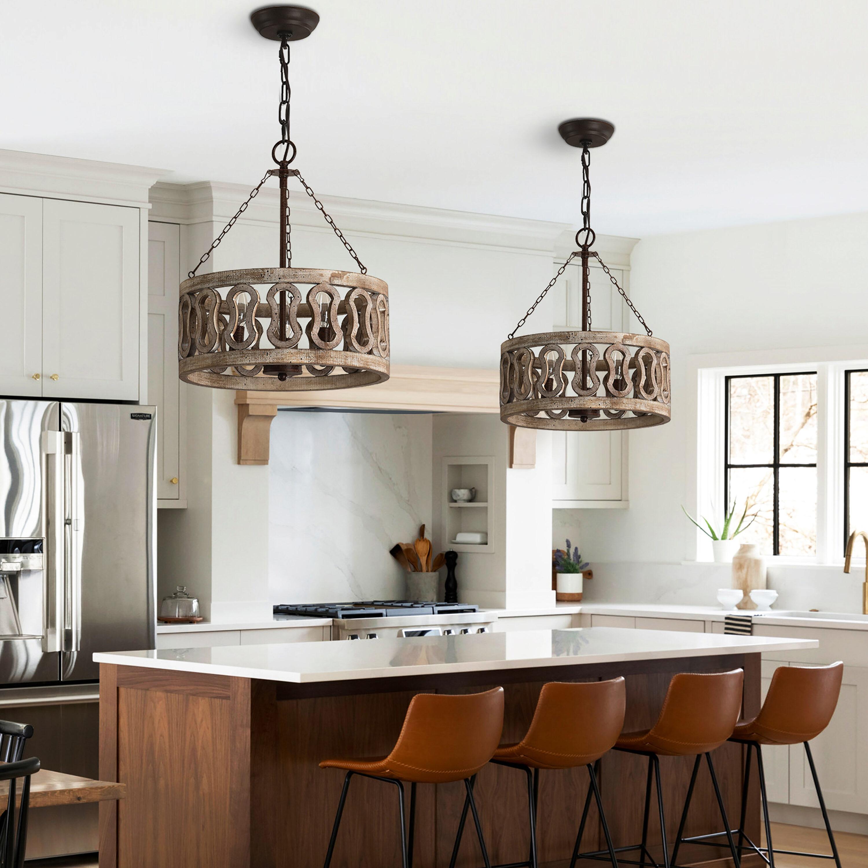 Cusp Barn  3-Light Farmhouse Candle Chandelier Rustic Drum Ceiling Pendant Light for Living Room Weathered Woood