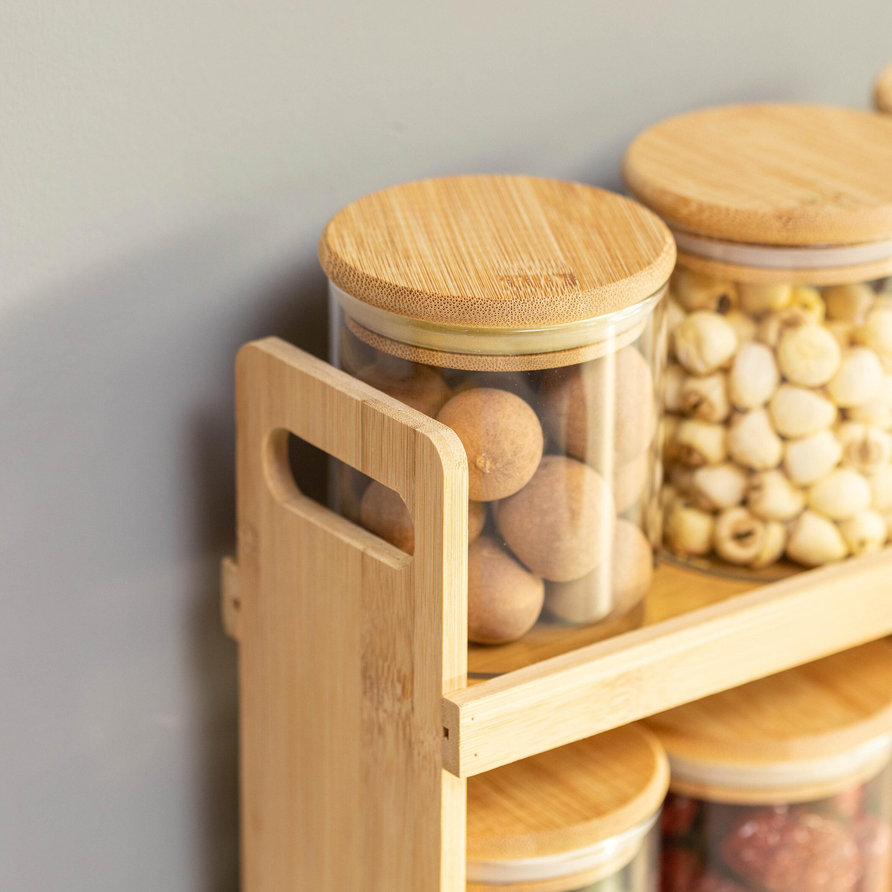 Basicwise 2-Tier Bamboo Spice Rack & Pantry Organizer with 8 Glass Jars.Perfect for Storage in Kitchens to Keep Seasoning Containers Neatly Displayed