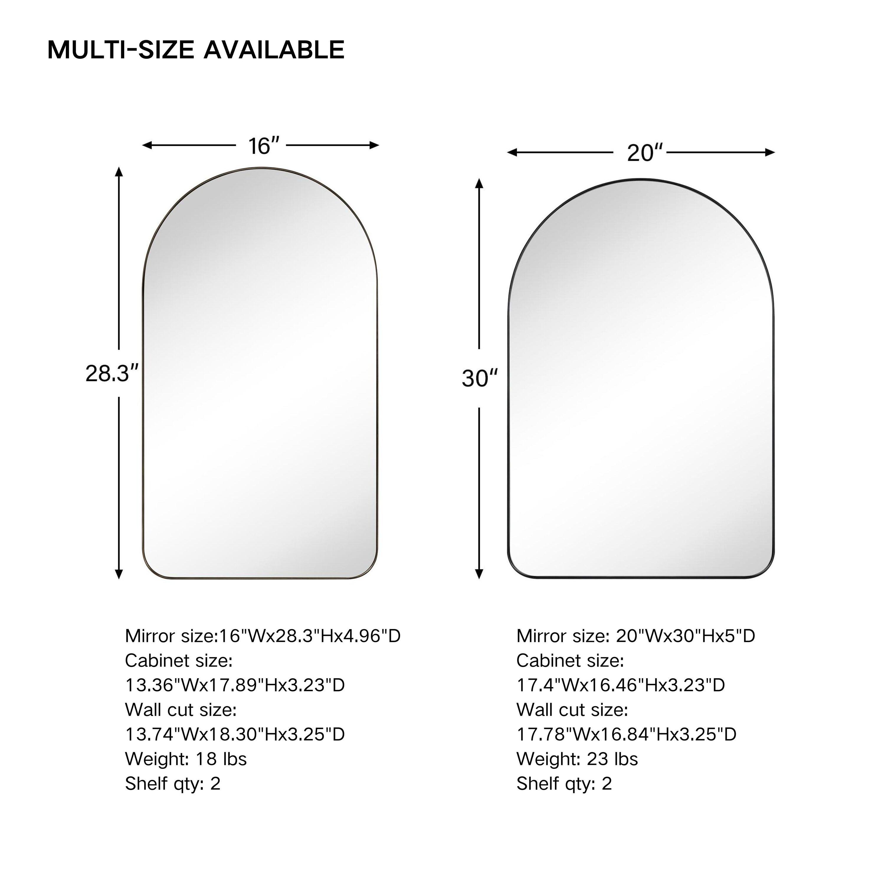 TEHOME 20 in. W x 30 in. H Arched Metal Framed Recessed Medicine Cabinet with Mirror and Shelves for bathroom in Black