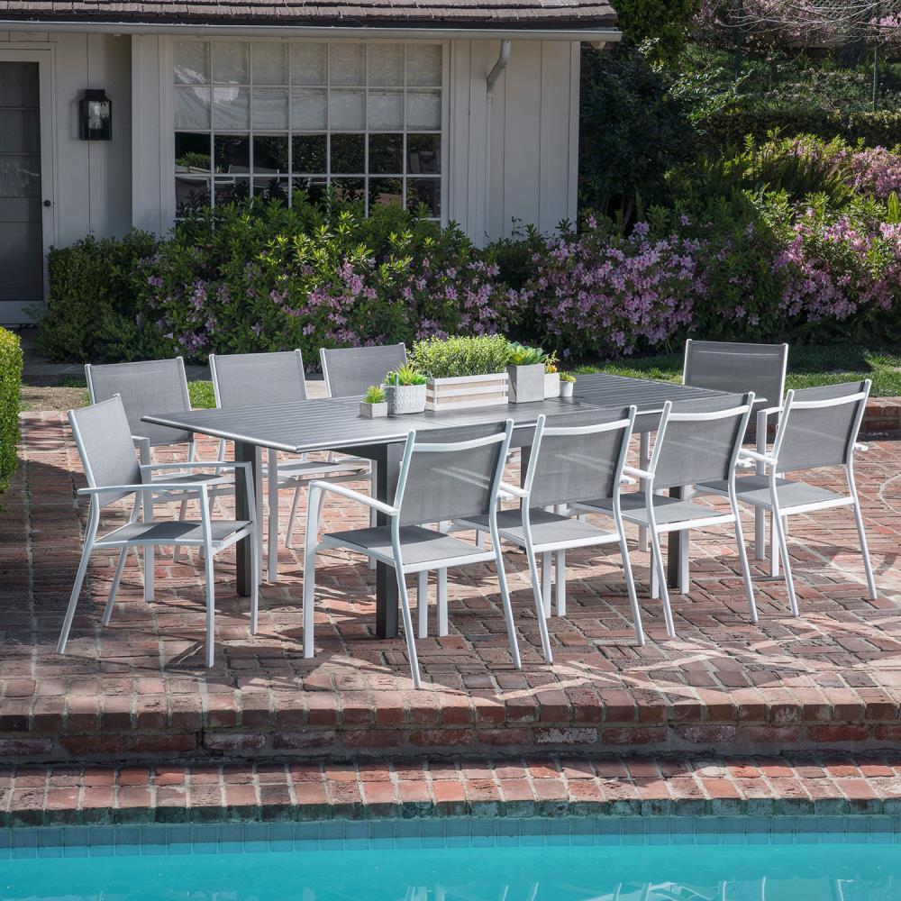 Hanover Cameron 11-Piece Expandable Dining Set with 10 Sling Dining Chairs and a 40" x 94" Table
