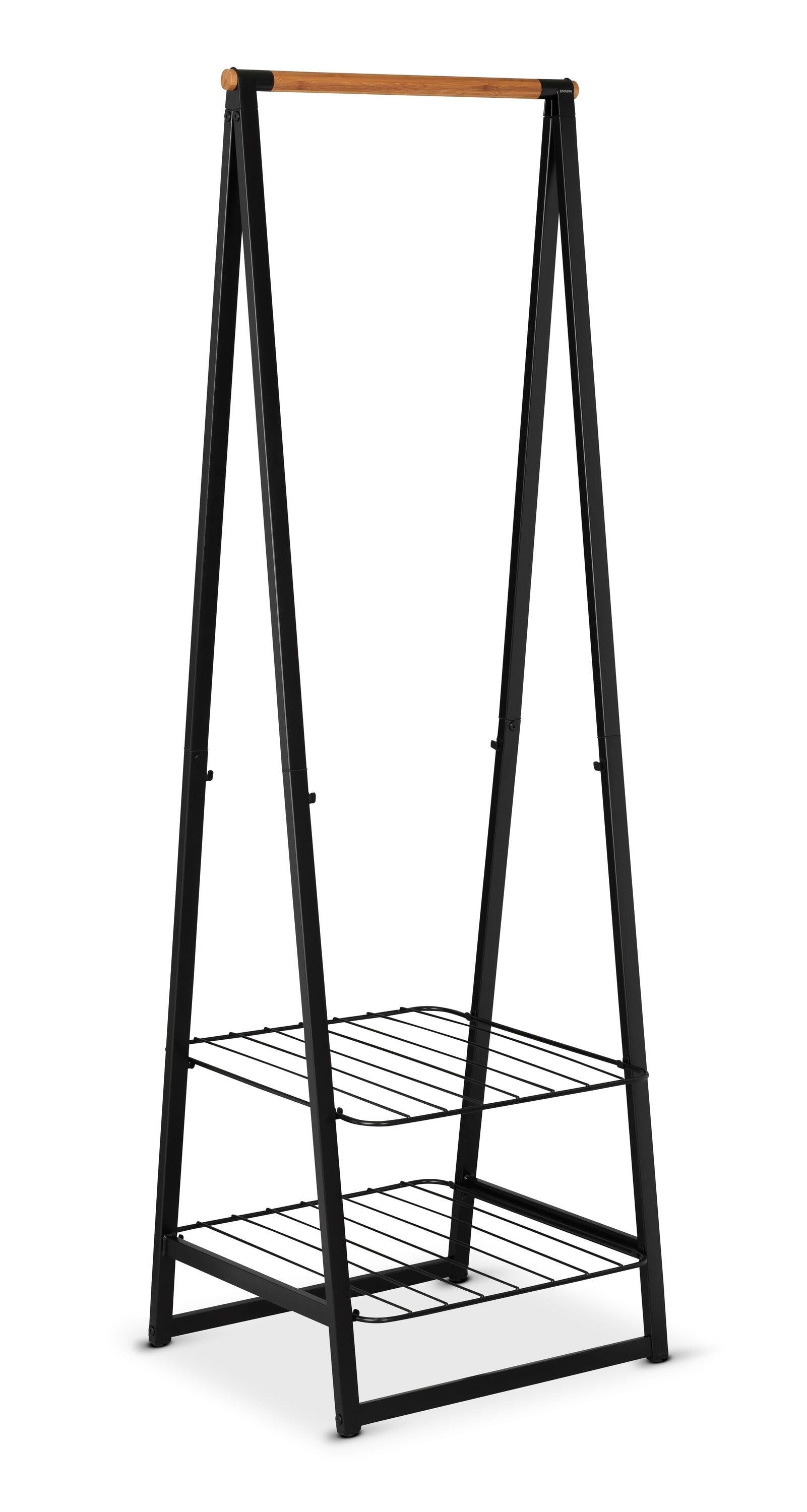 Black Steel and Bamboo Freestanding Garment Rack with Adjustable Shelves