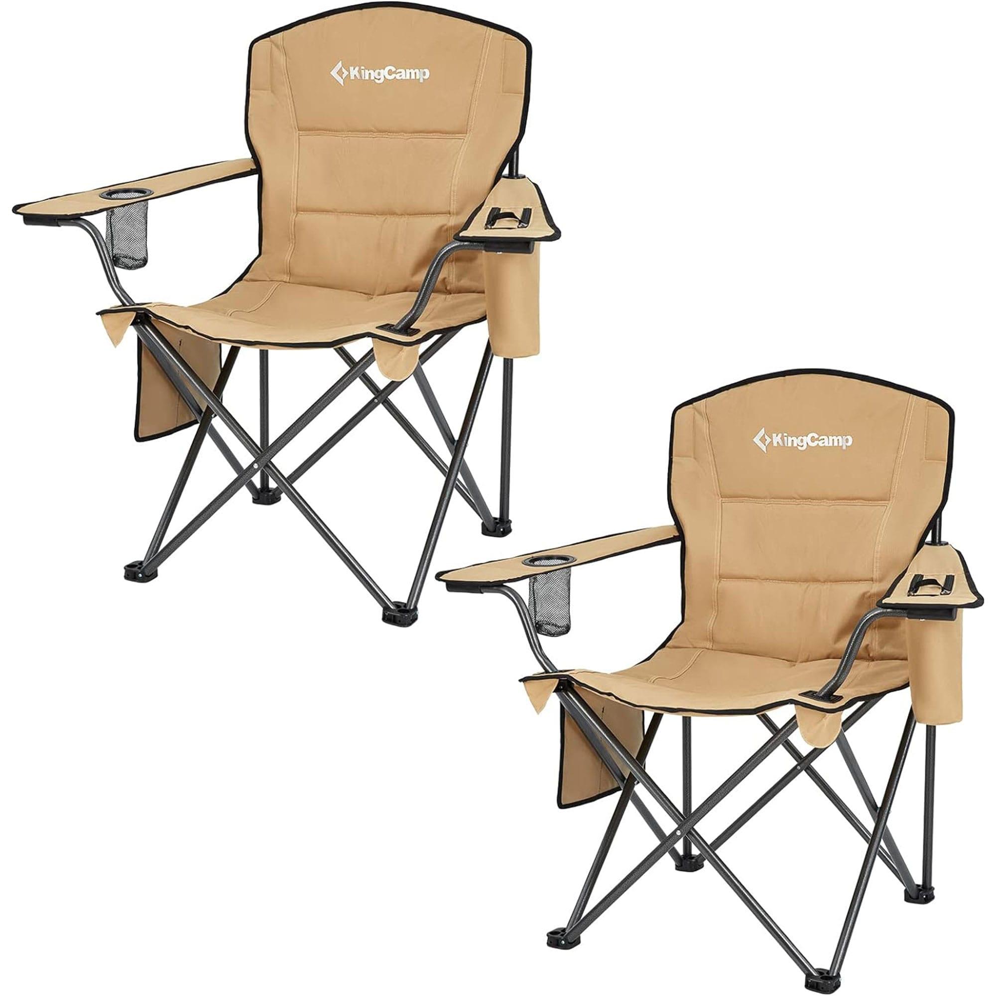 KingCamp Padded Portable Outdoor Folding Lounge Chairs with Built-In Cupholder, Insulated Cooler Sleeve, and Side Storage Pocket, Khaki (2 Pack)