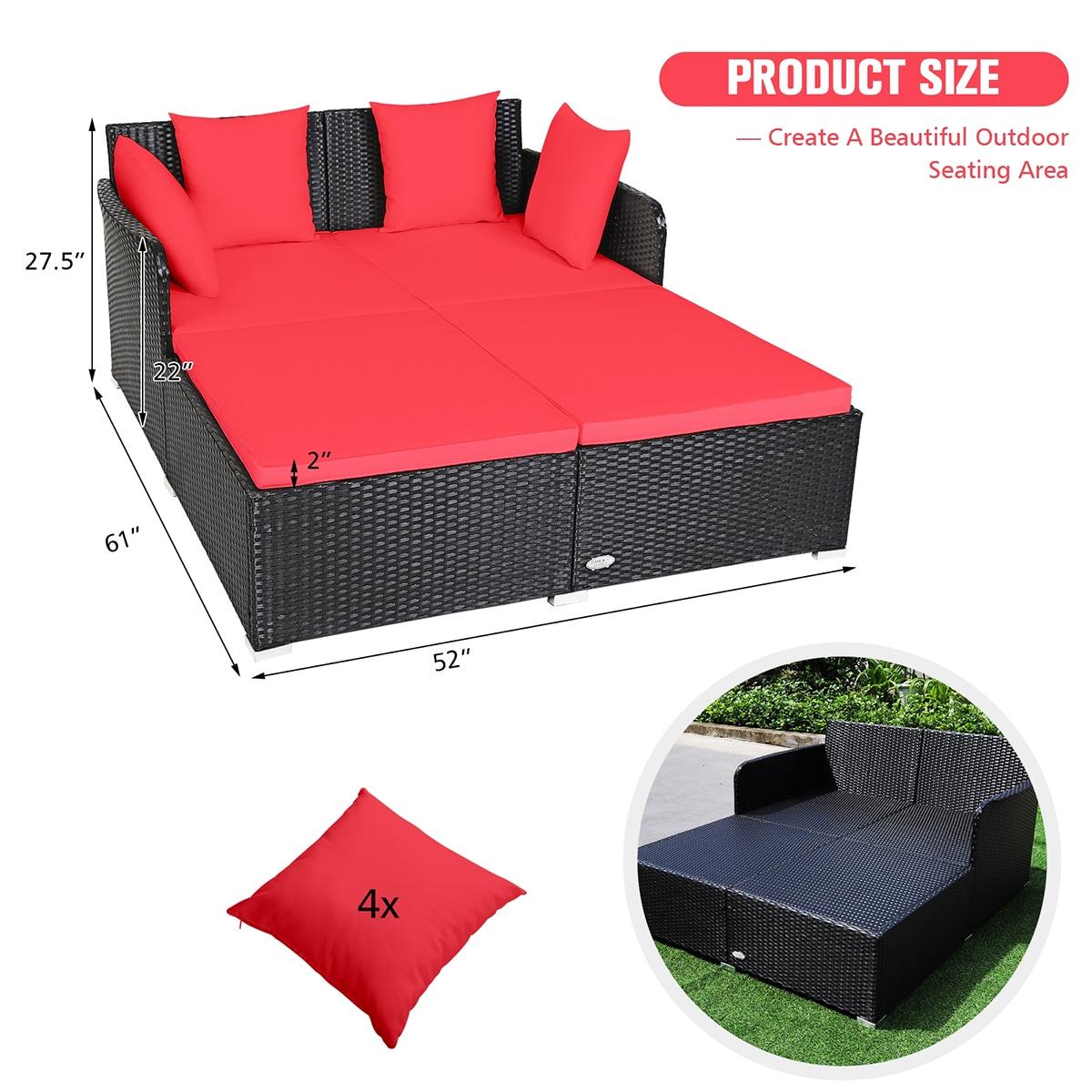 Costway Outdoor Patio Rattan Daybed Thick Pillows Cushioned Sofa Furniture Red