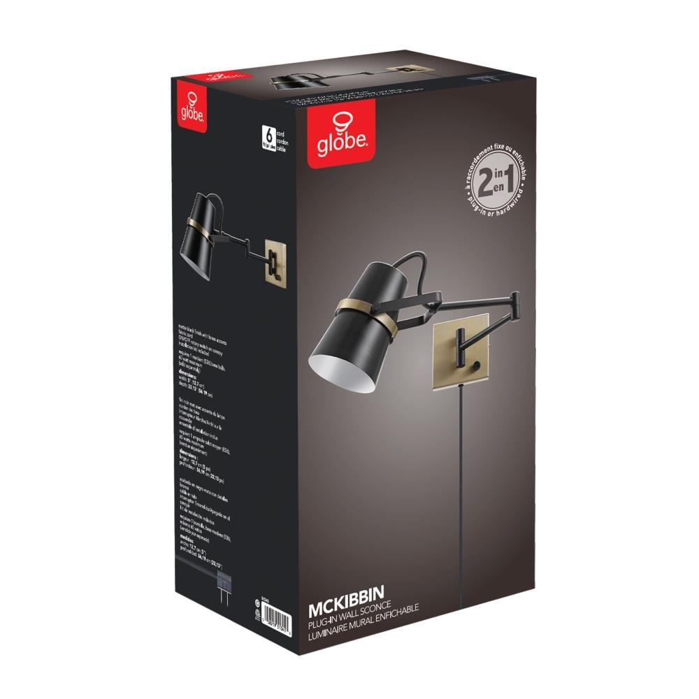 Globe Electric McKibbon 1-Light Swing Arm Wall Sconce, Plug-in or Hardwire, Matte Black, 51345