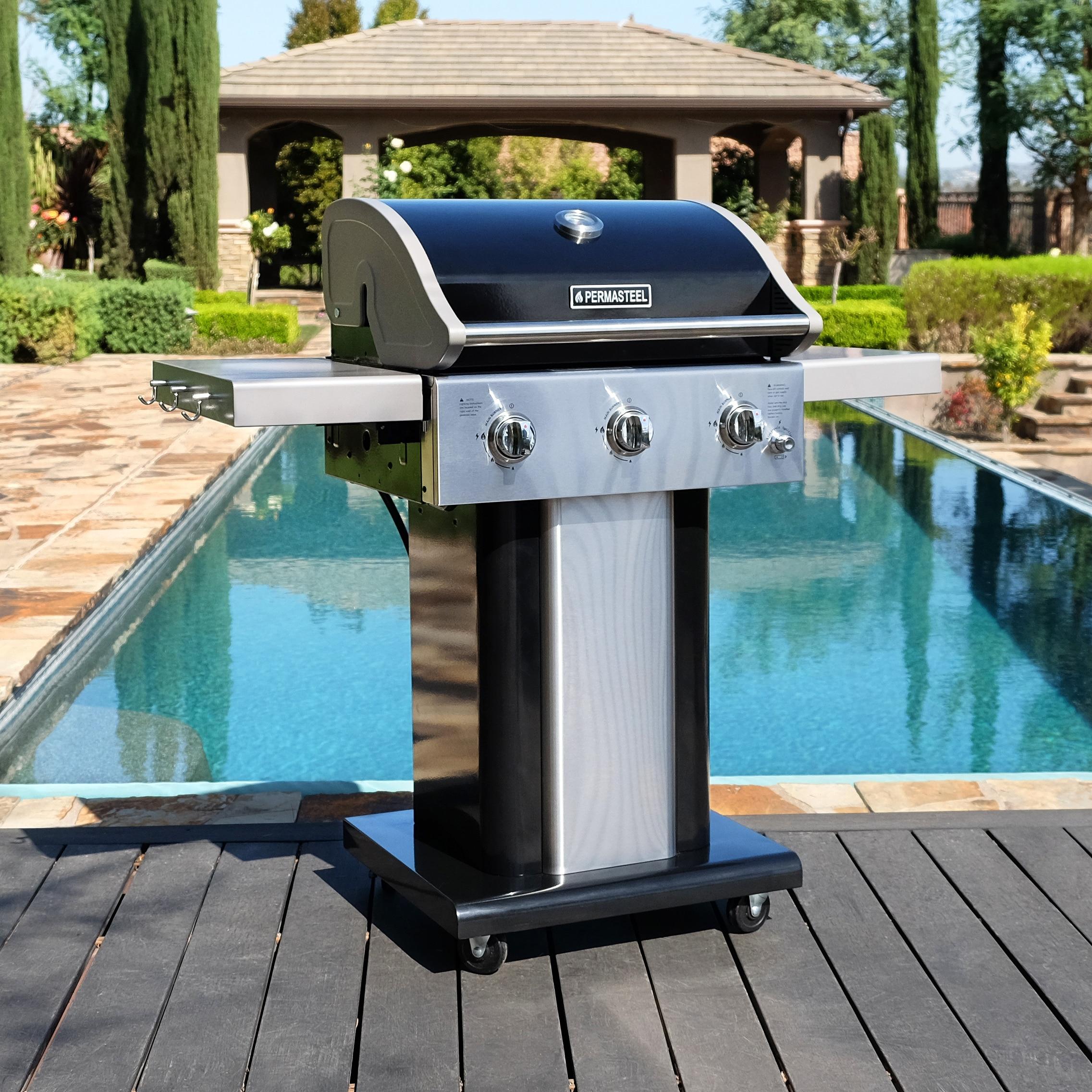 Permasteel 3-Burner Compact Propane Gas Grill with Foldable Side Tables and Grilling Tool Hooks