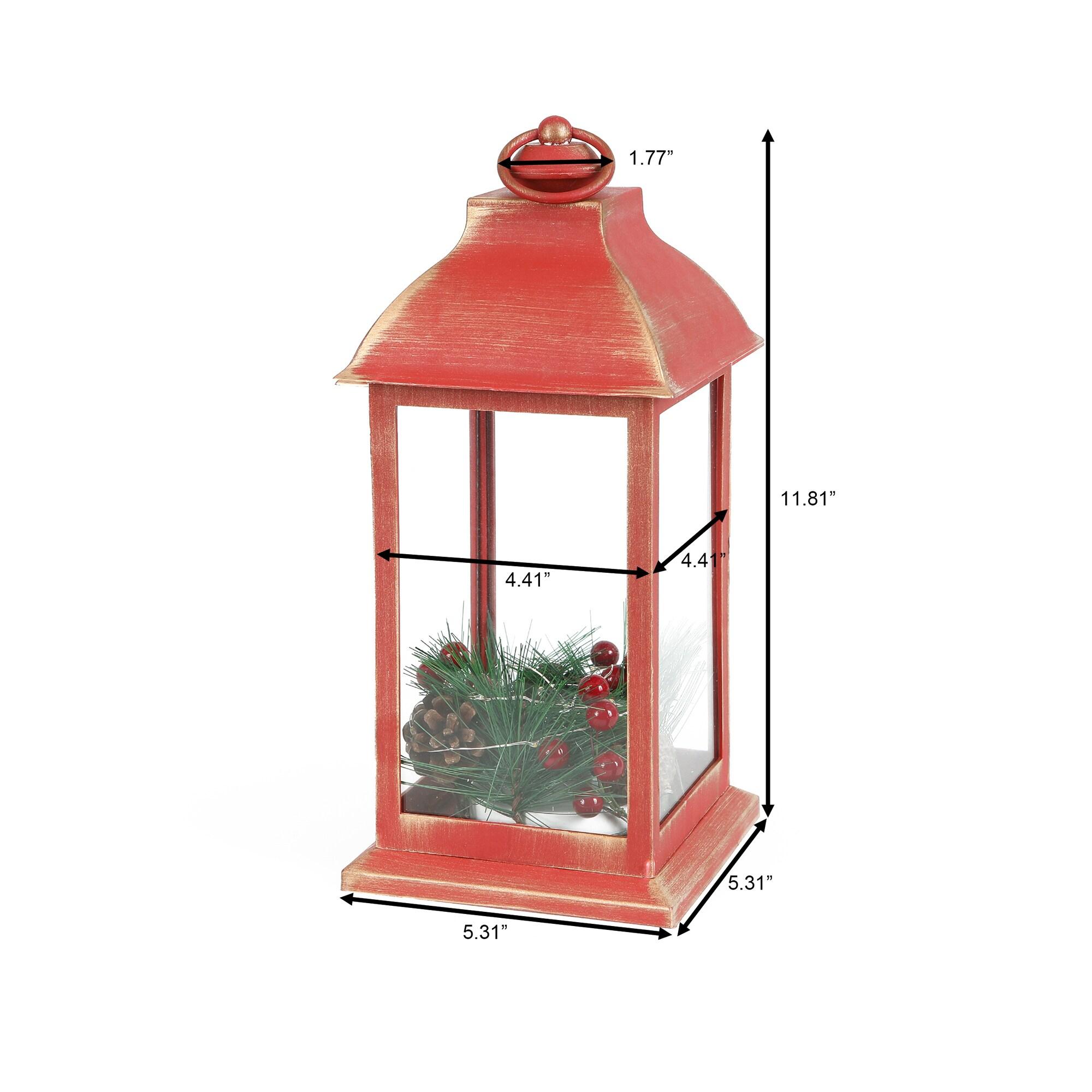 LuxenHome Lighted Berry and Pinecone Rustic Red Lantern Holiday Decoration, Tabletop and Centerpiece, Battery-Operated