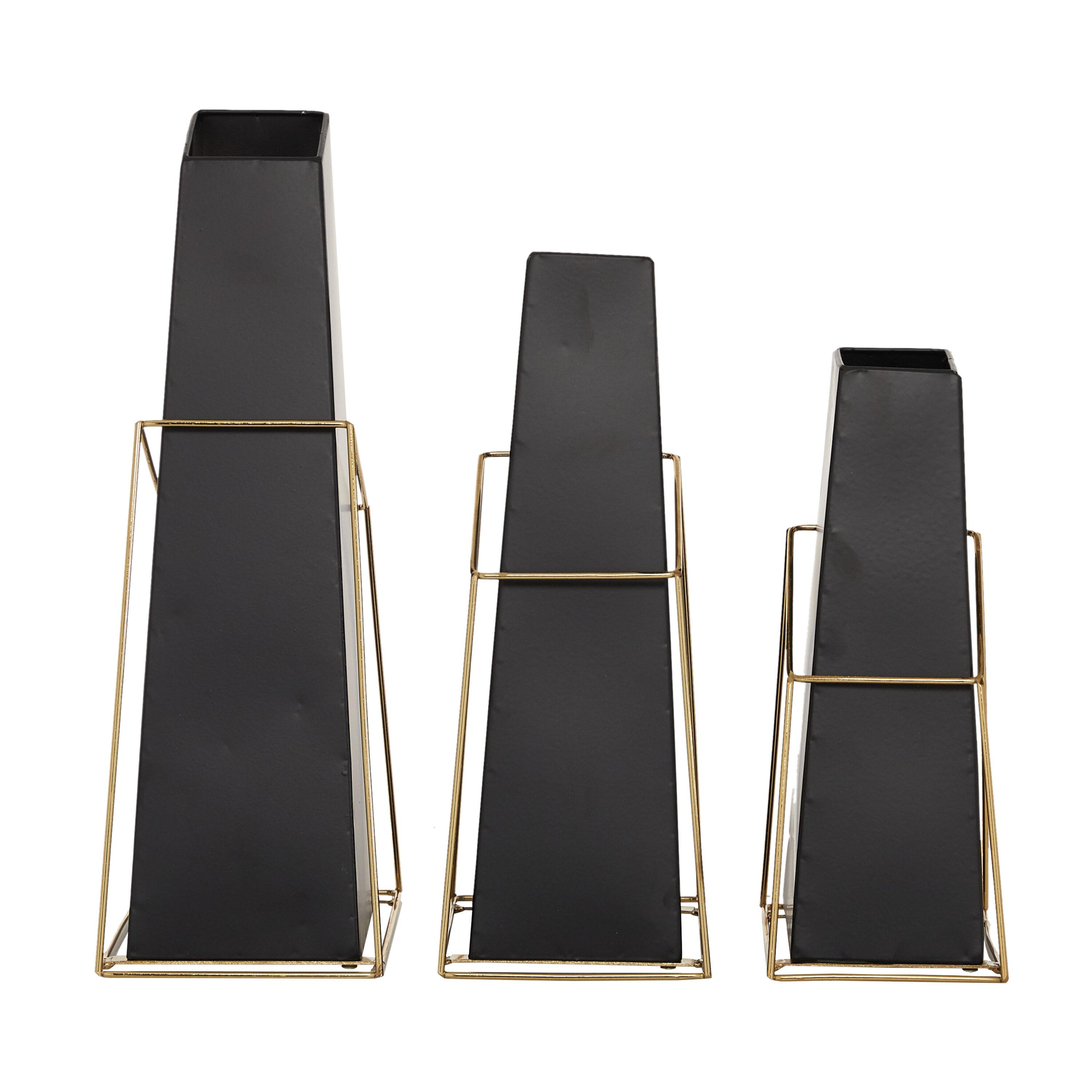 DecMode 10", 12", 14"H Black Metal Vase with Gold Wire Accents, Set of 3