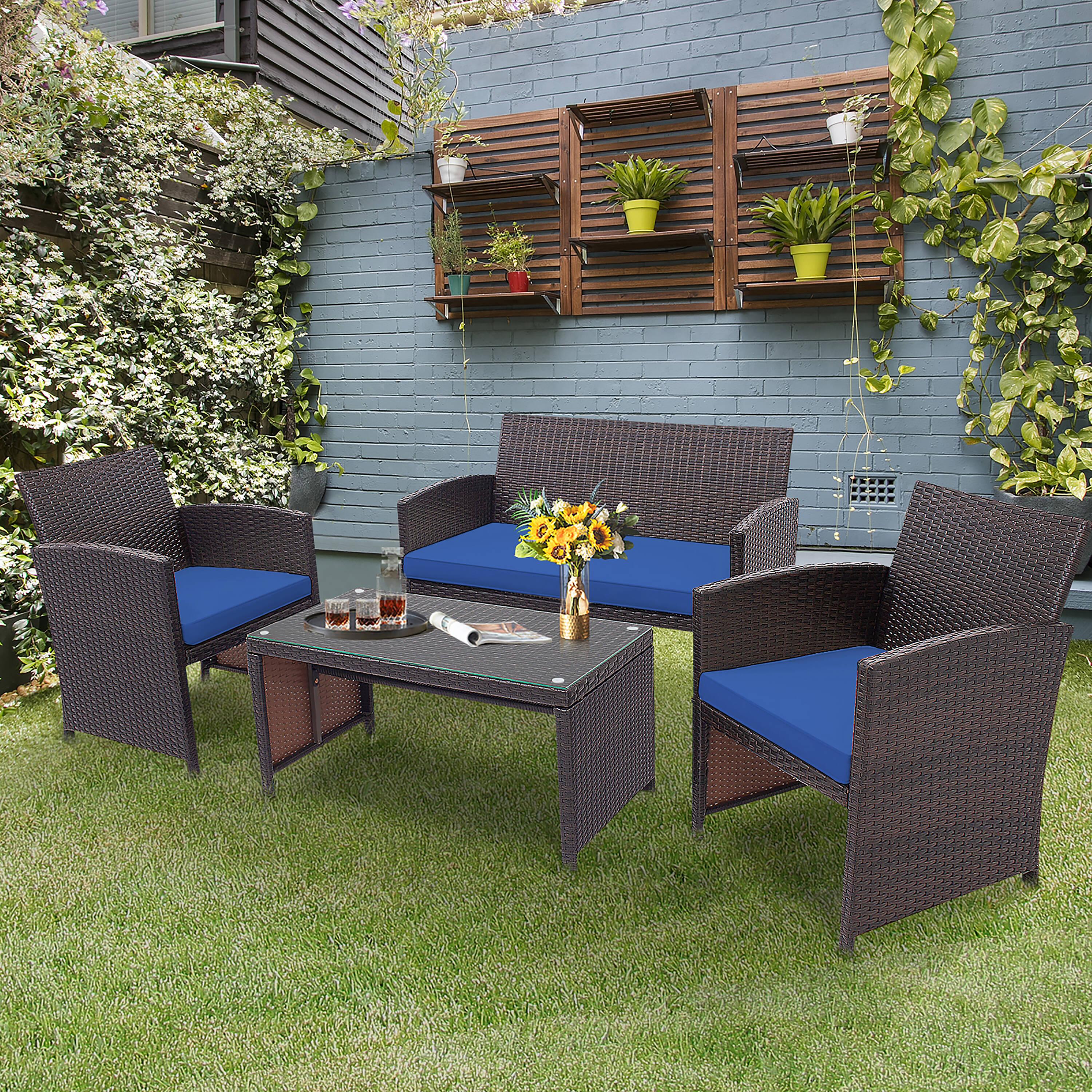 Resenkos 4 Pieces Outdoor Rattan Furniture Set, Wicker Furniture Sets, Patio Conversation Sets with Coffee Table Cushioned Sofa-Red