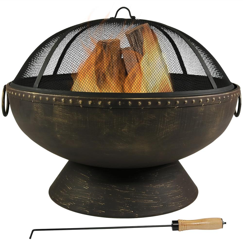 SunnyDaze Decor 30" Wood-Burning Black Finish Steel Fire Pit Bowl with Screen, Grate, and Poker
