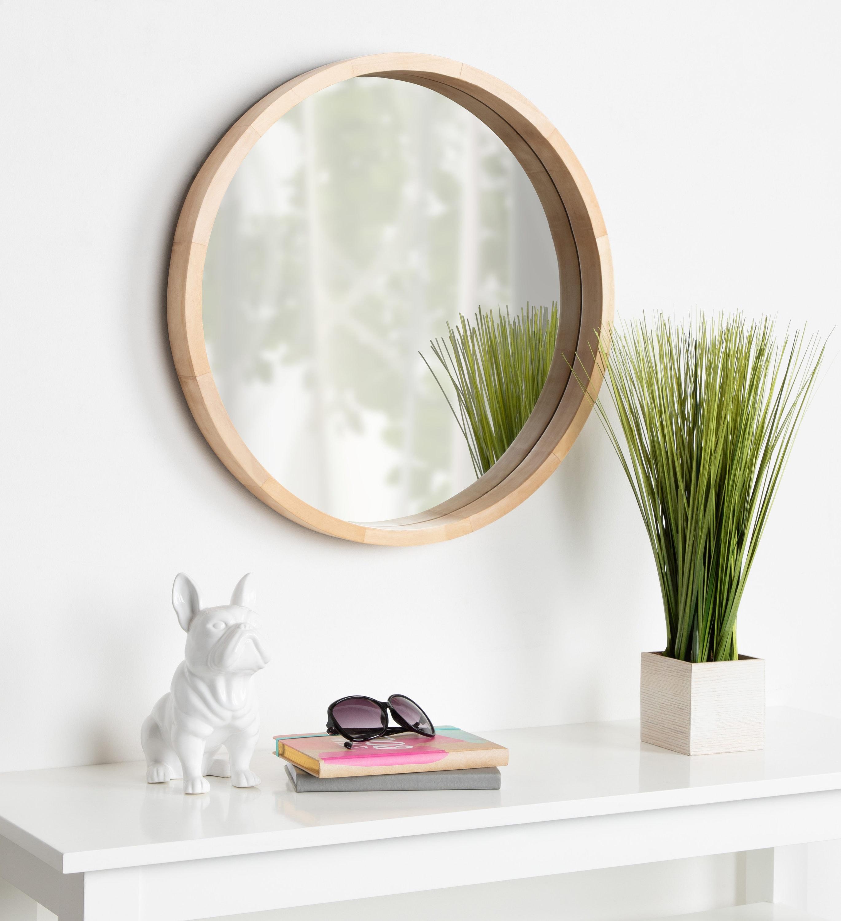 22" x 22" Hutton Round Wood Wall Mirror Natural - Kate and Laurel: Wall Mount, No Assembly Required