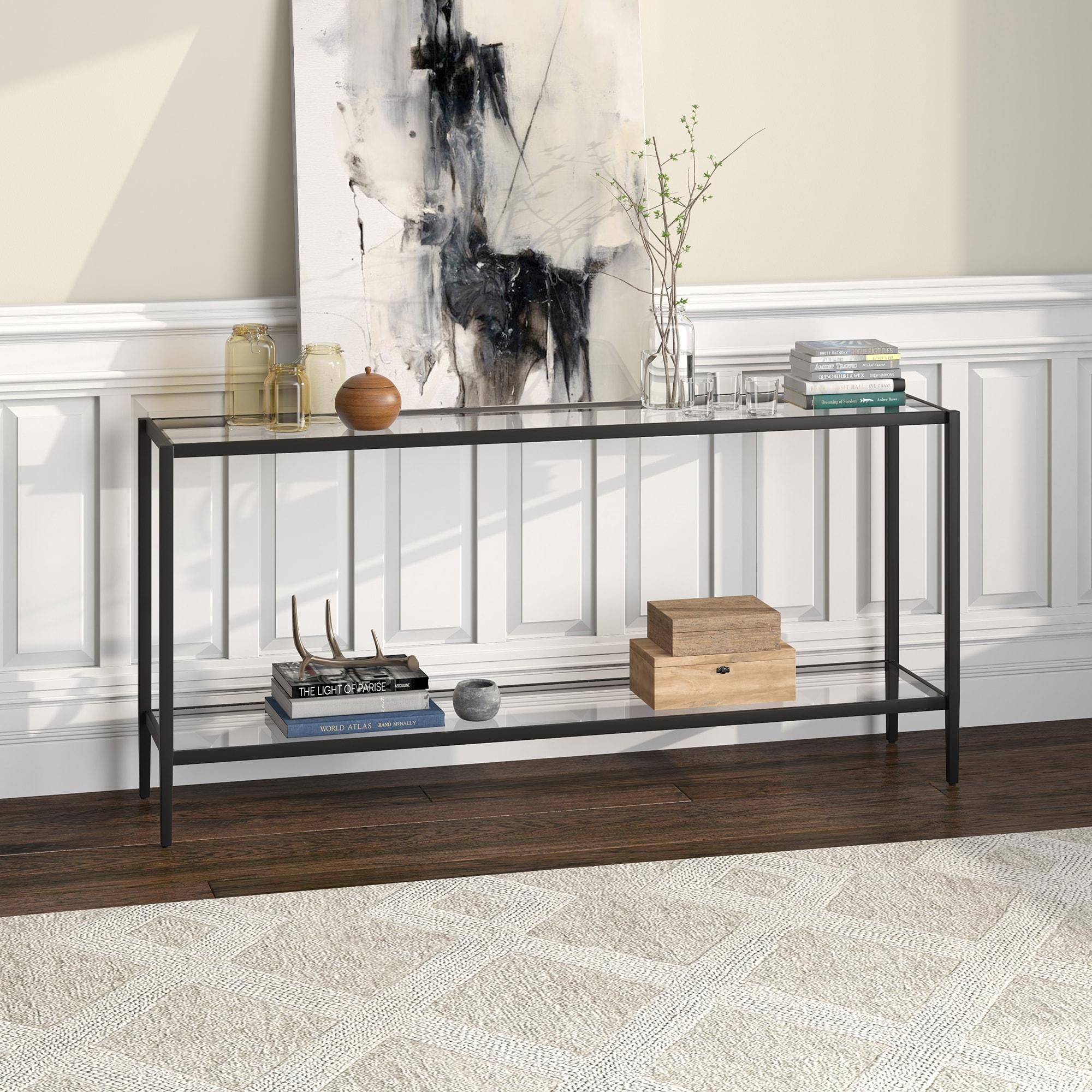 Aurora Modern Mirrored Console Table with Glass Shelf in Blackened Bronze