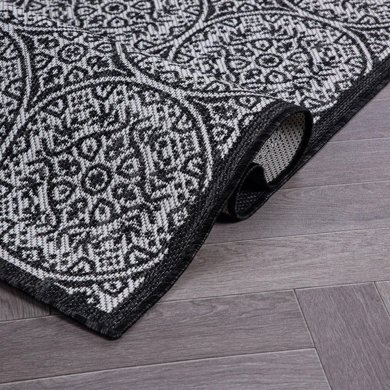 World Rug Gallery Transitional Floral Circles Textured Flat Weave Indoor/Outdoor Area Rug - BLACK 7'10"X10'