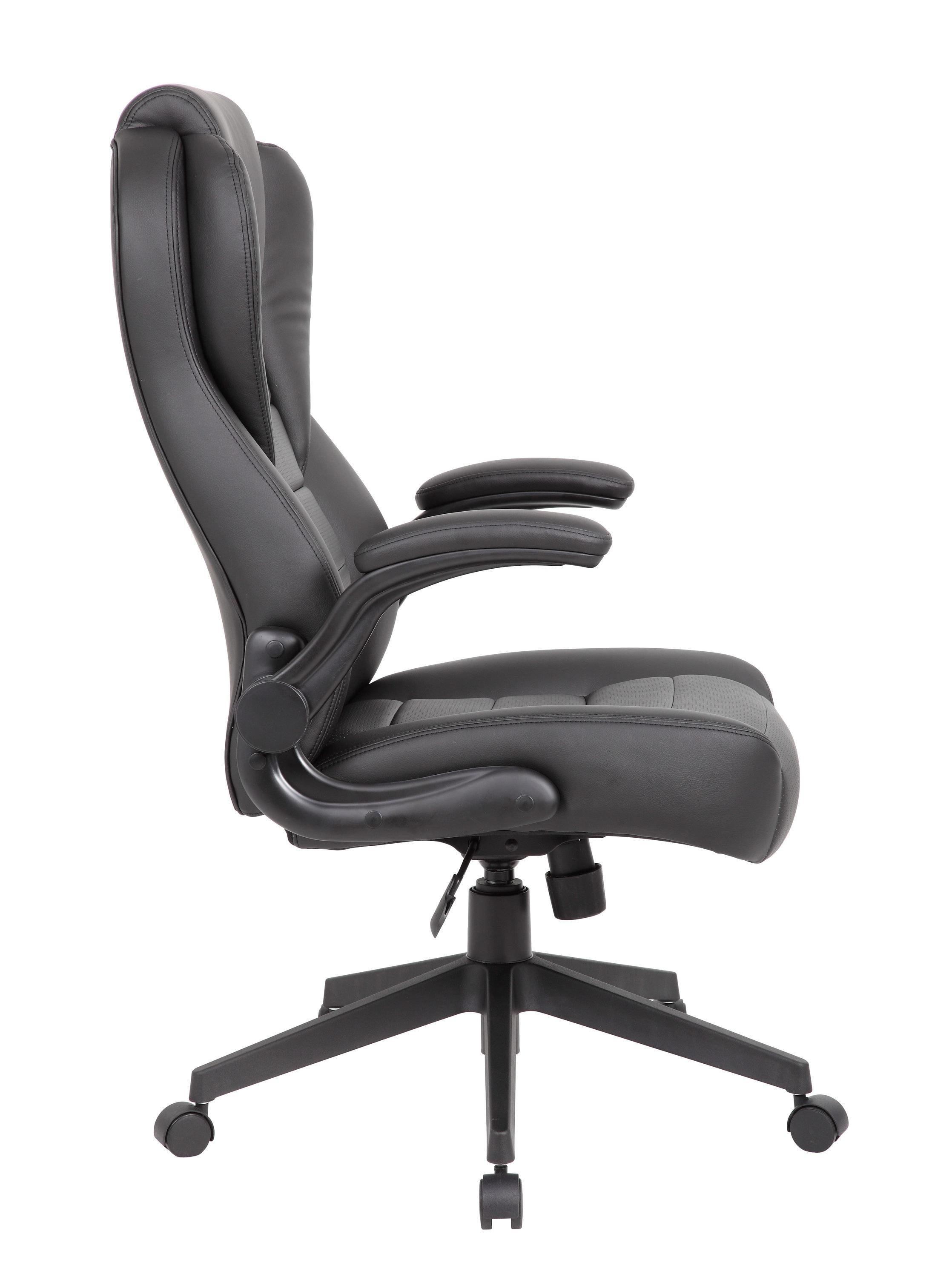 Executive High Back Leatherplus Flip Armchair Black - Boss Office Products: Ergonomic, Swivel, Lumbar Support, Adjustable Height