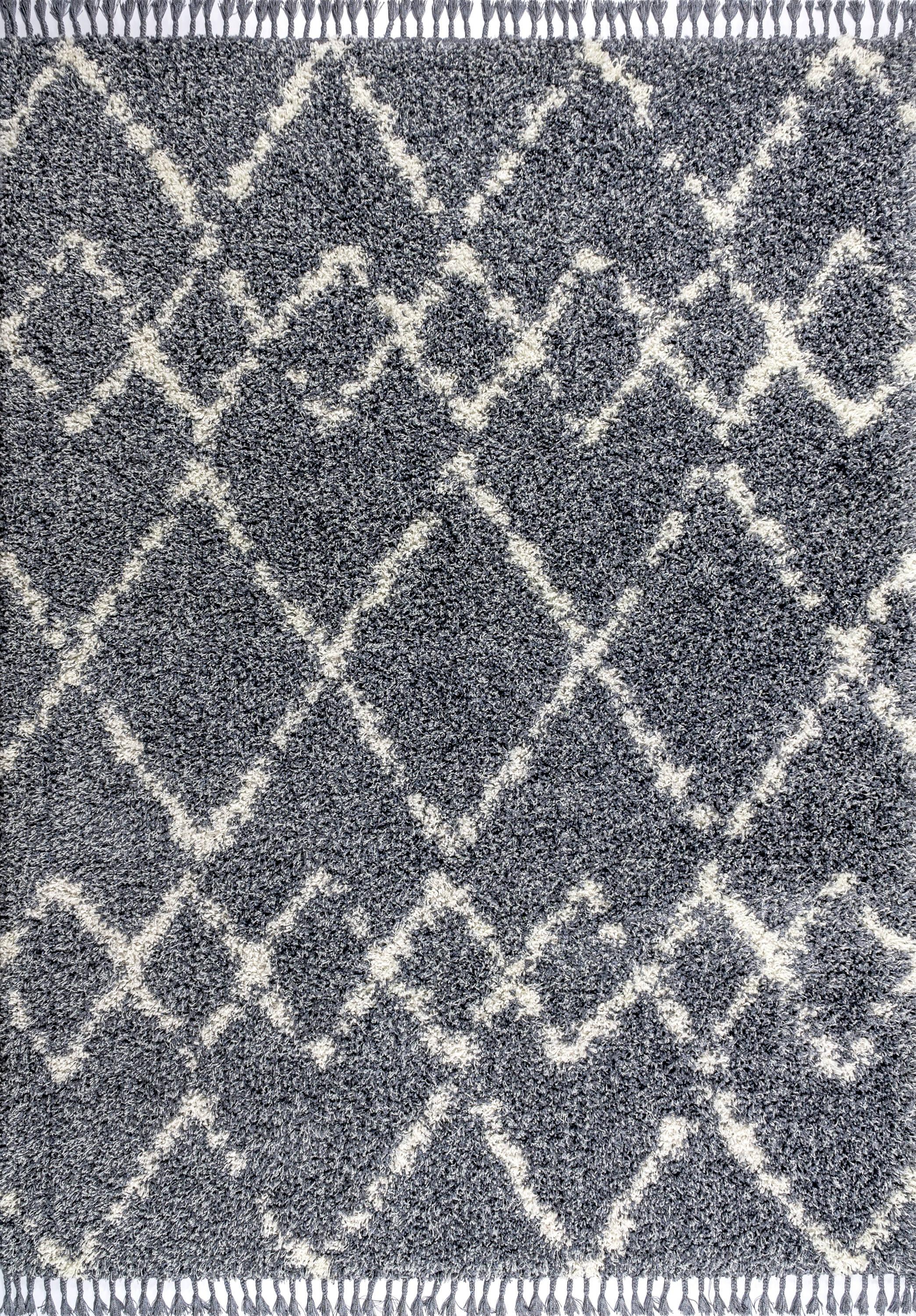 3'x5' Mercer Shag Plush Tassel Moroccan Geometric Trellis Area Rug, Denim/Cream - JONATHAN Y